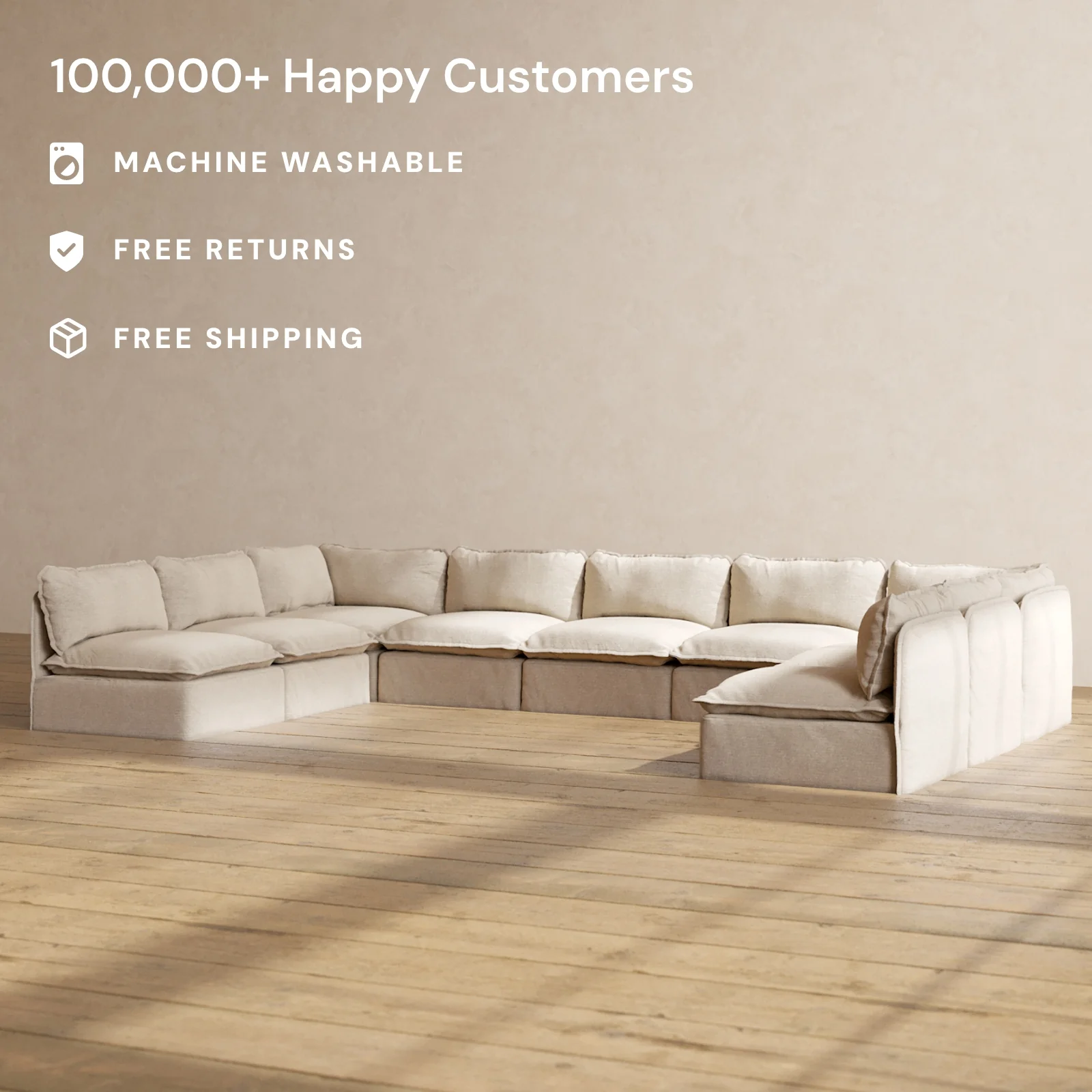 Modular Washable 9-Seater Open-Ends U-Sectional in Oat | Deluxe+ Seat | Cloud Pillow - Image 2