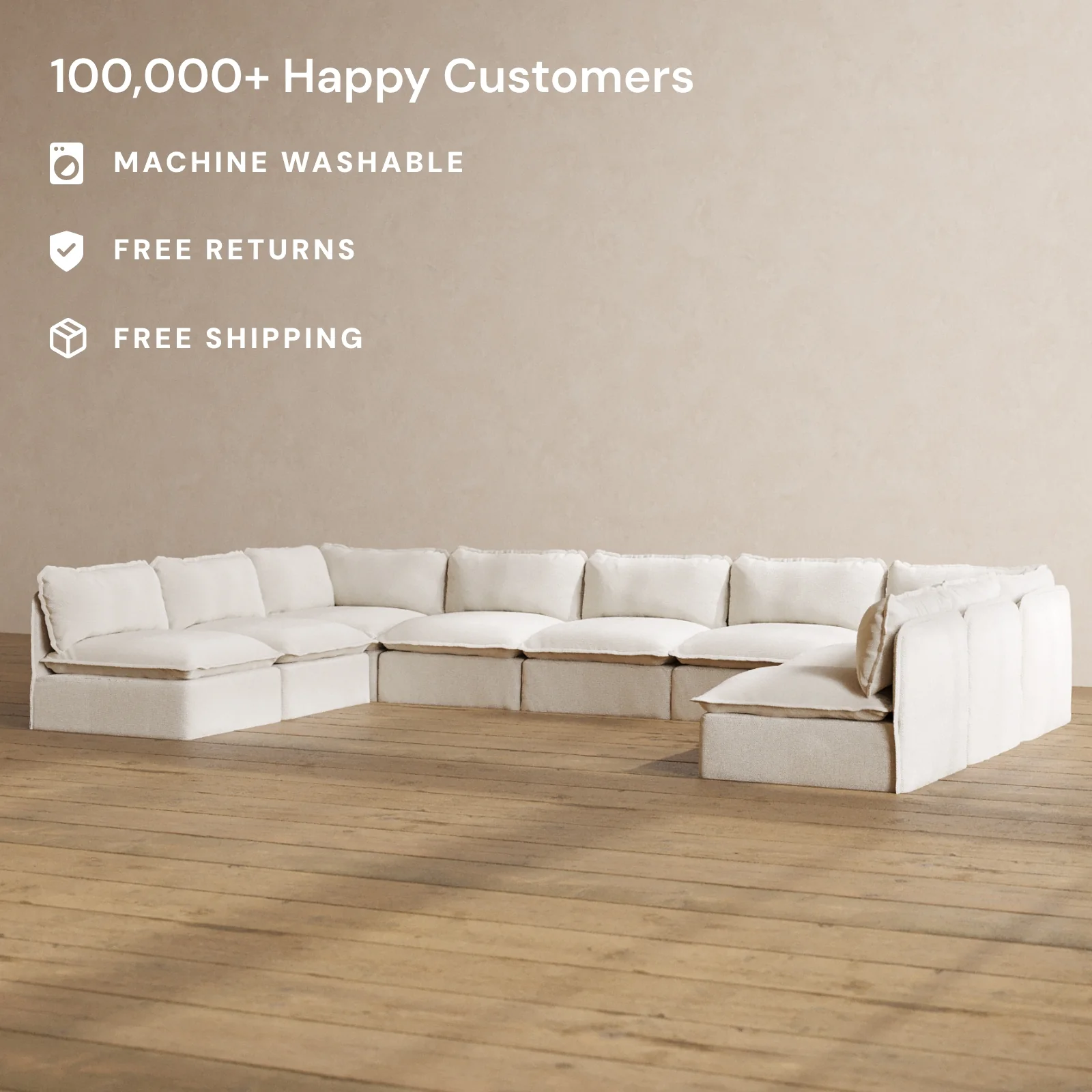 Modular Washable 9-Seater Open-Ends U-Sectional in Powder | Deluxe+ Seat | Cloud Pillow - Image 2