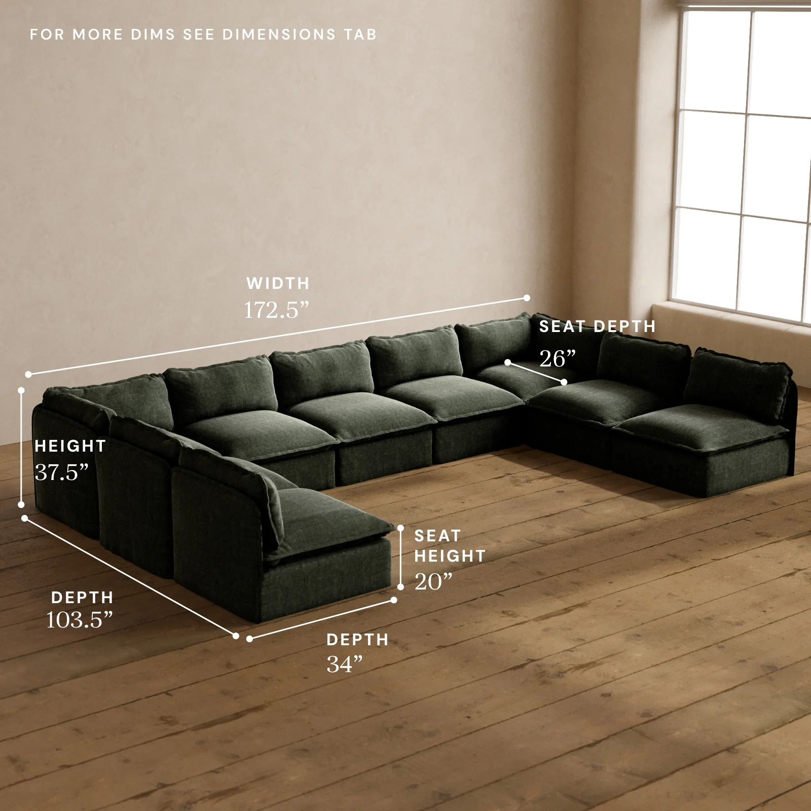 Modular Washable 9-Seater Open-Ends U-Sectional in Willow | Deluxe+ Seat | Cloud Pillow - Image 5