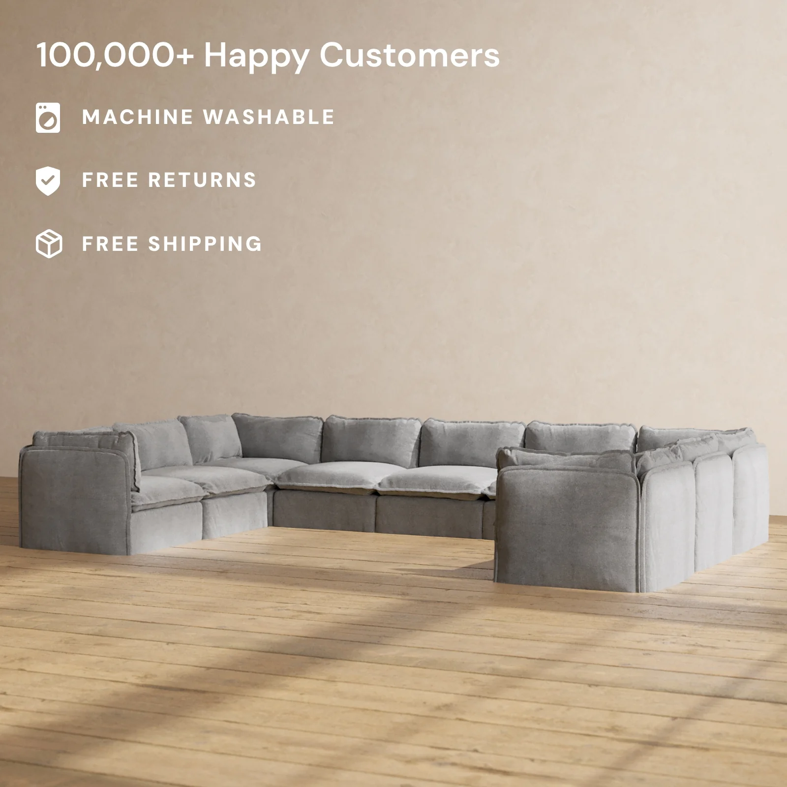 Modular Washable 9-Seater U-Sectional in Ash | Deluxe+ Seat | Cloud Pillow - Image 2