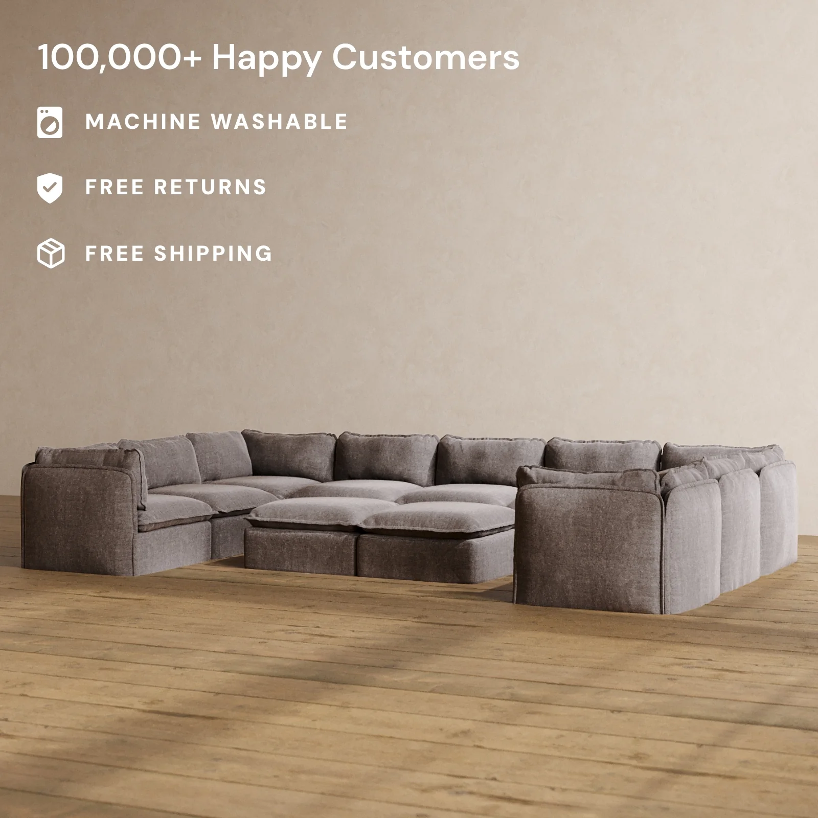 Modular Washable 9-Seater U-Sectional + Bench Ottoman in Caviar | Memorix+ Seat | Contour Pillow - Image 2