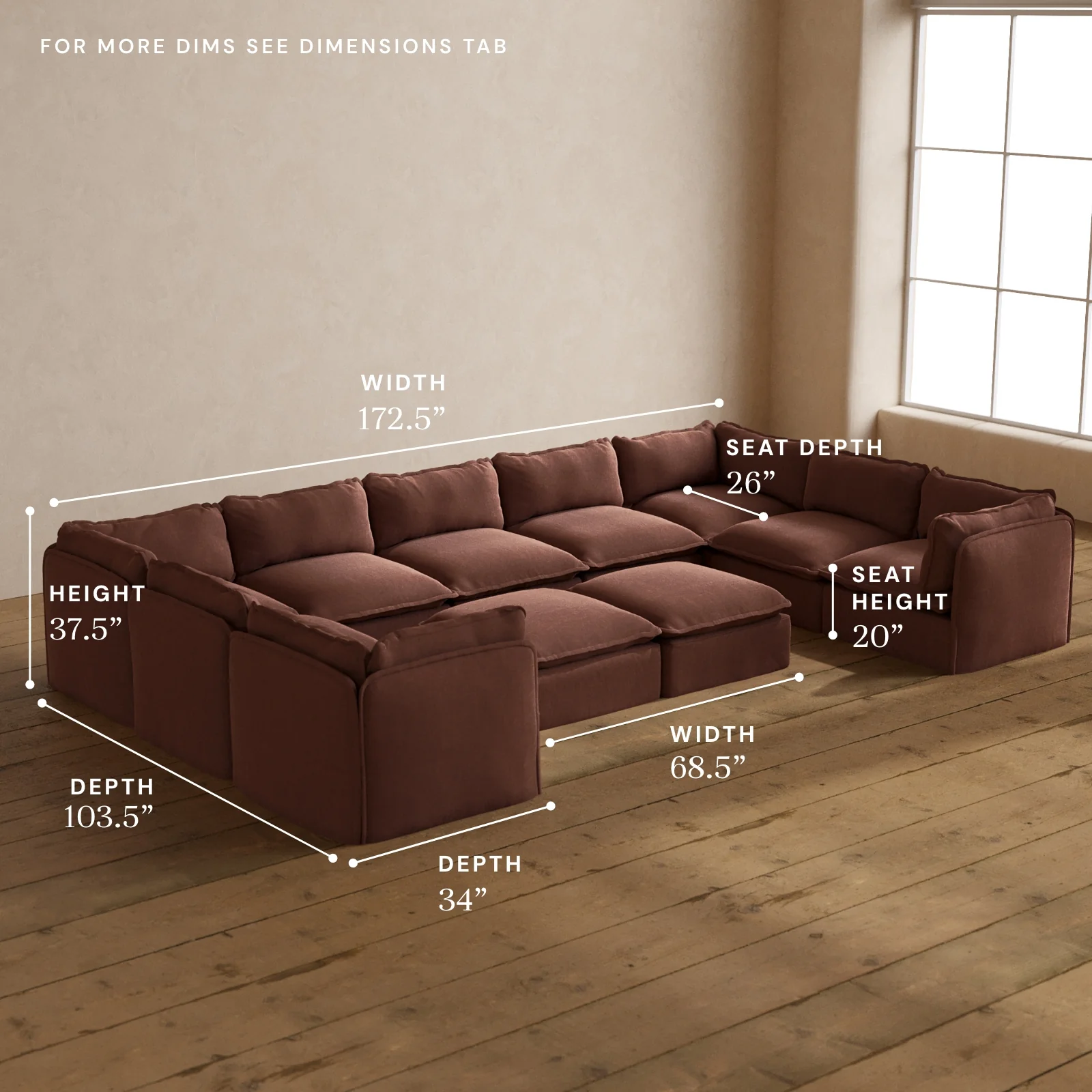 Modular Washable 9-Seater U-Sectional + Bench Ottoman in Chestnut | Deluxe+ Seat | Cloud Pillow - Image 5