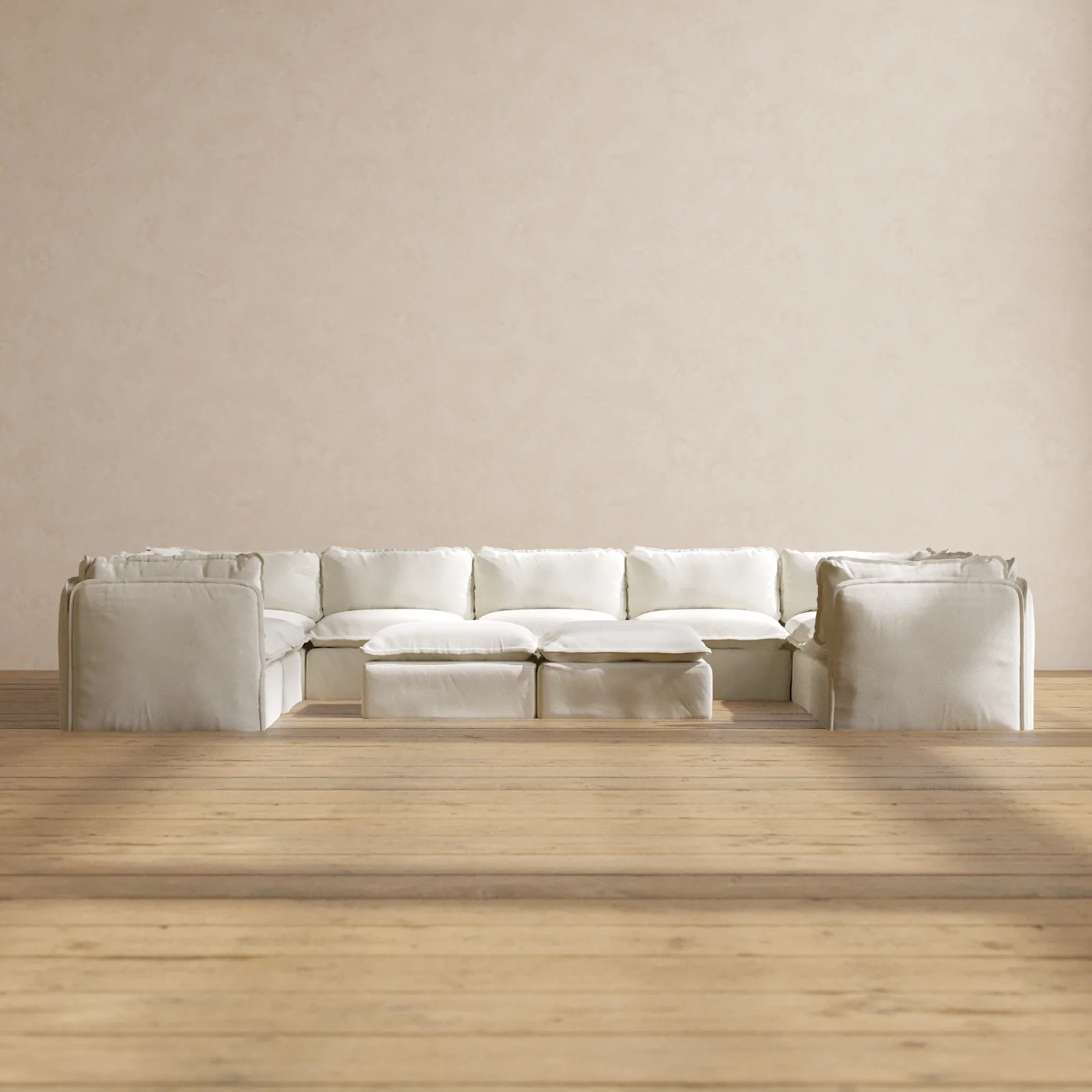 Modular Washable 9-Seater U-Sectional + Bench Ottoman in Eggshell | Deluxe+ Seat | Cloud Pillow