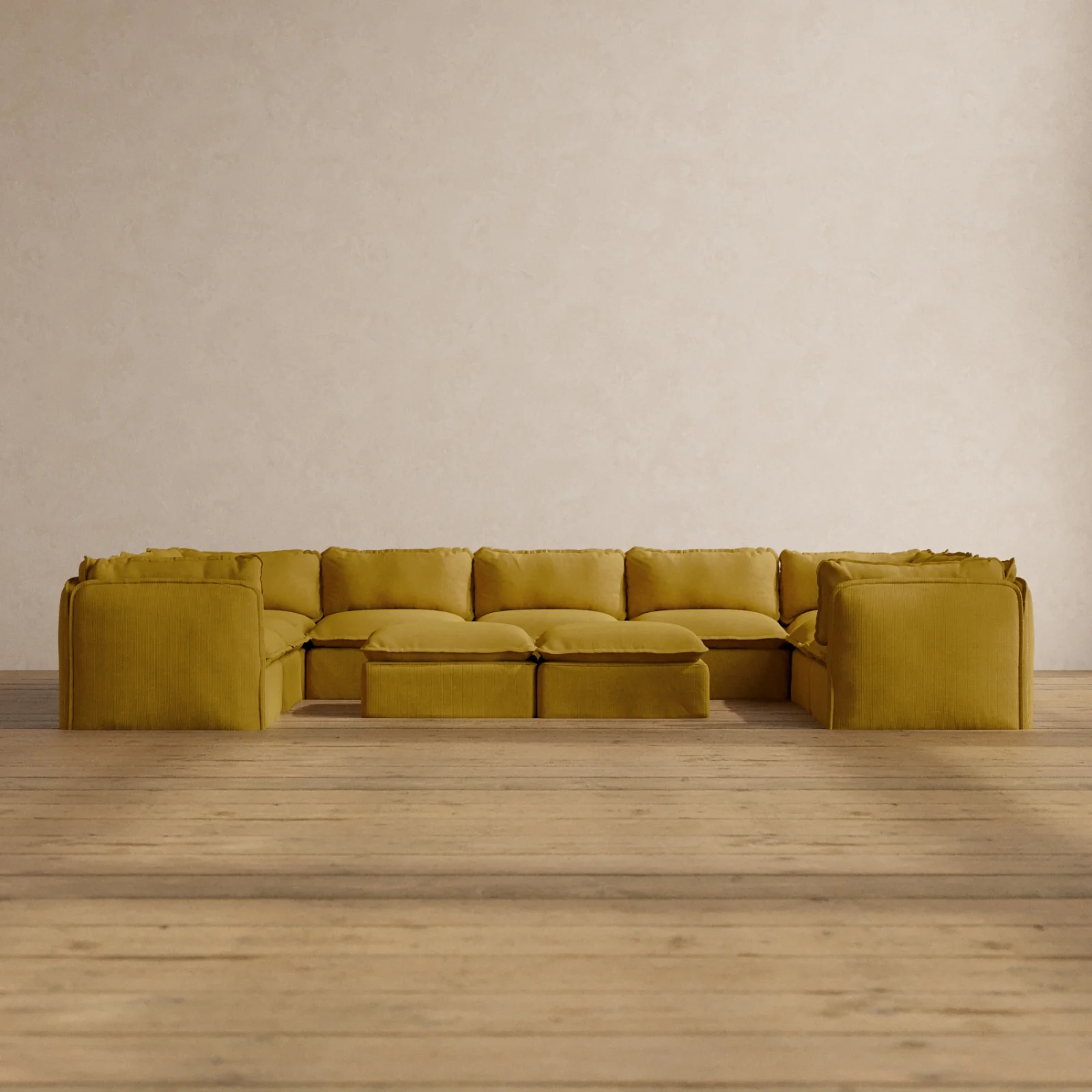 Modular Washable 9-Seater U-Sectional + Bench Ottoman in Kiiro | Deluxe+ Seat | Cloud Pillow