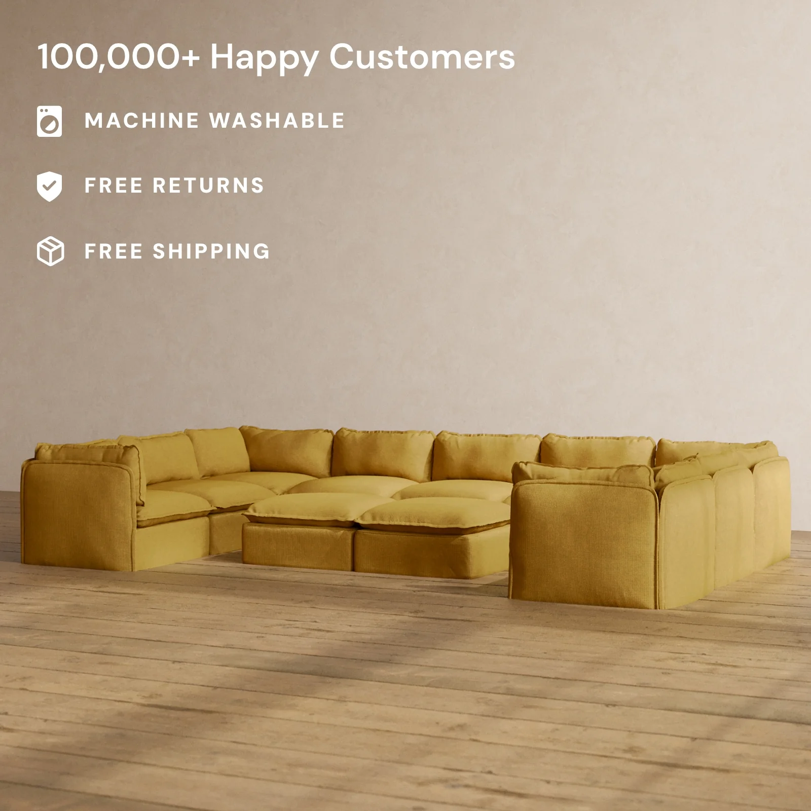 Modular Washable 9-Seater U-Sectional + Bench Ottoman in Kiiro | Memorix+ Seat | Contour Pillow - Image 2