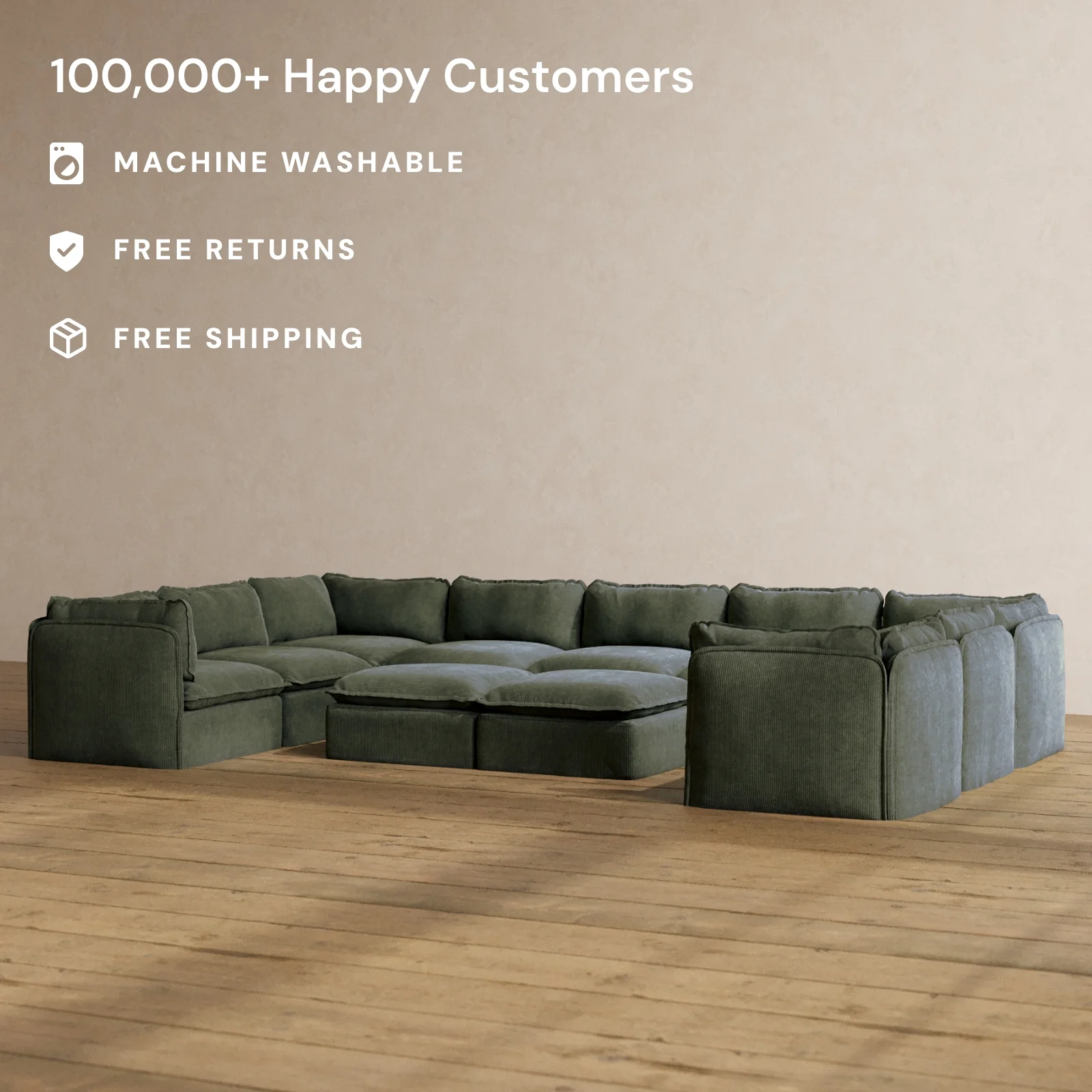 Modular Washable 9-Seater U-Sectional + Bench Ottoman in Olivine | Deluxe+ Seat | Cloud Pillow - Image 2