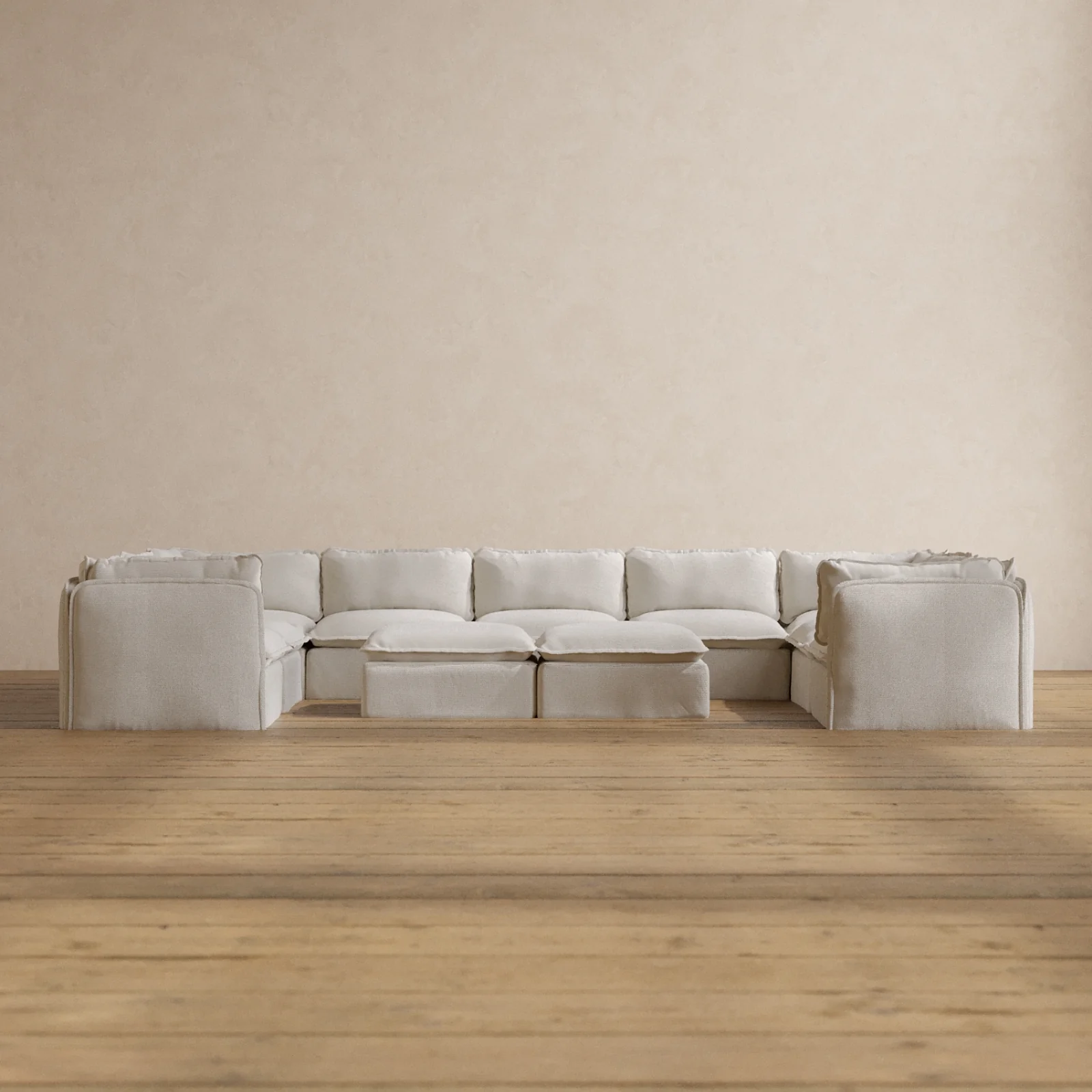 Modular Washable 9-Seater U-Sectional + Bench Ottoman in Powder | Memorix+ Seat | Contour Pillow