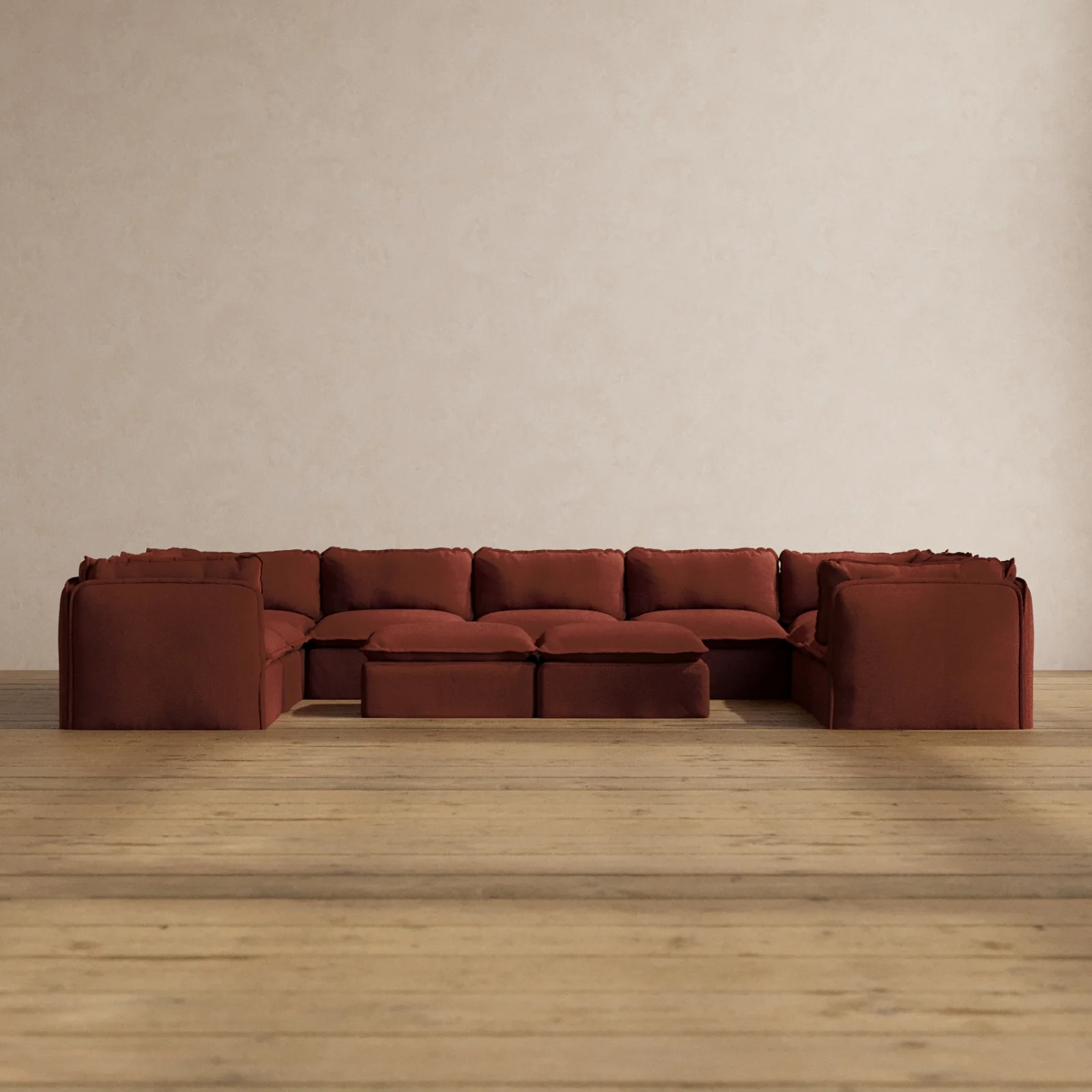 Modular Washable 9-Seater U-Sectional + Bench Ottoman in Rust | Deluxe+ Seat | Cloud Pillow
