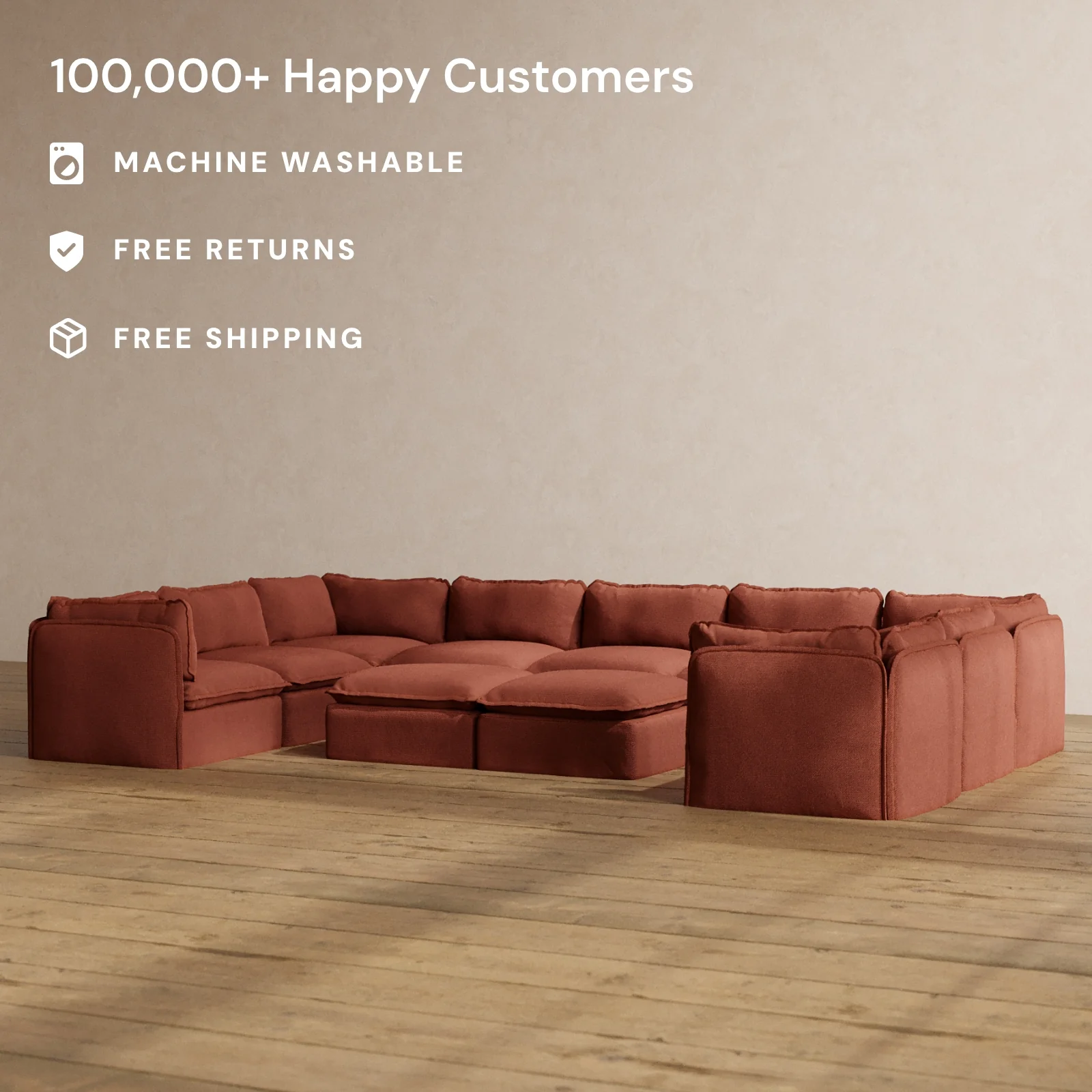 Modular Washable 9-Seater U-Sectional + Bench Ottoman in Rust | Deluxe+ Seat | Cloud Pillow - Image 2