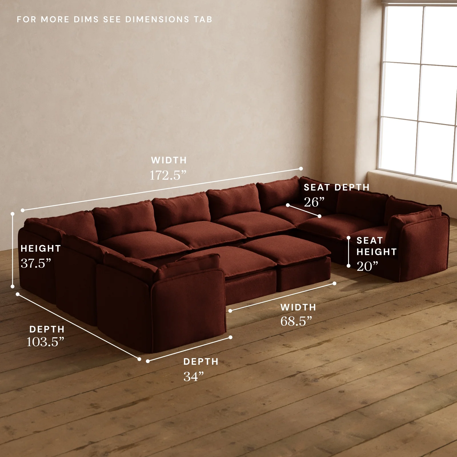 Modular Washable 9-Seater U-Sectional + Bench Ottoman in Rust | Deluxe+ Seat | Cloud Pillow - Image 5