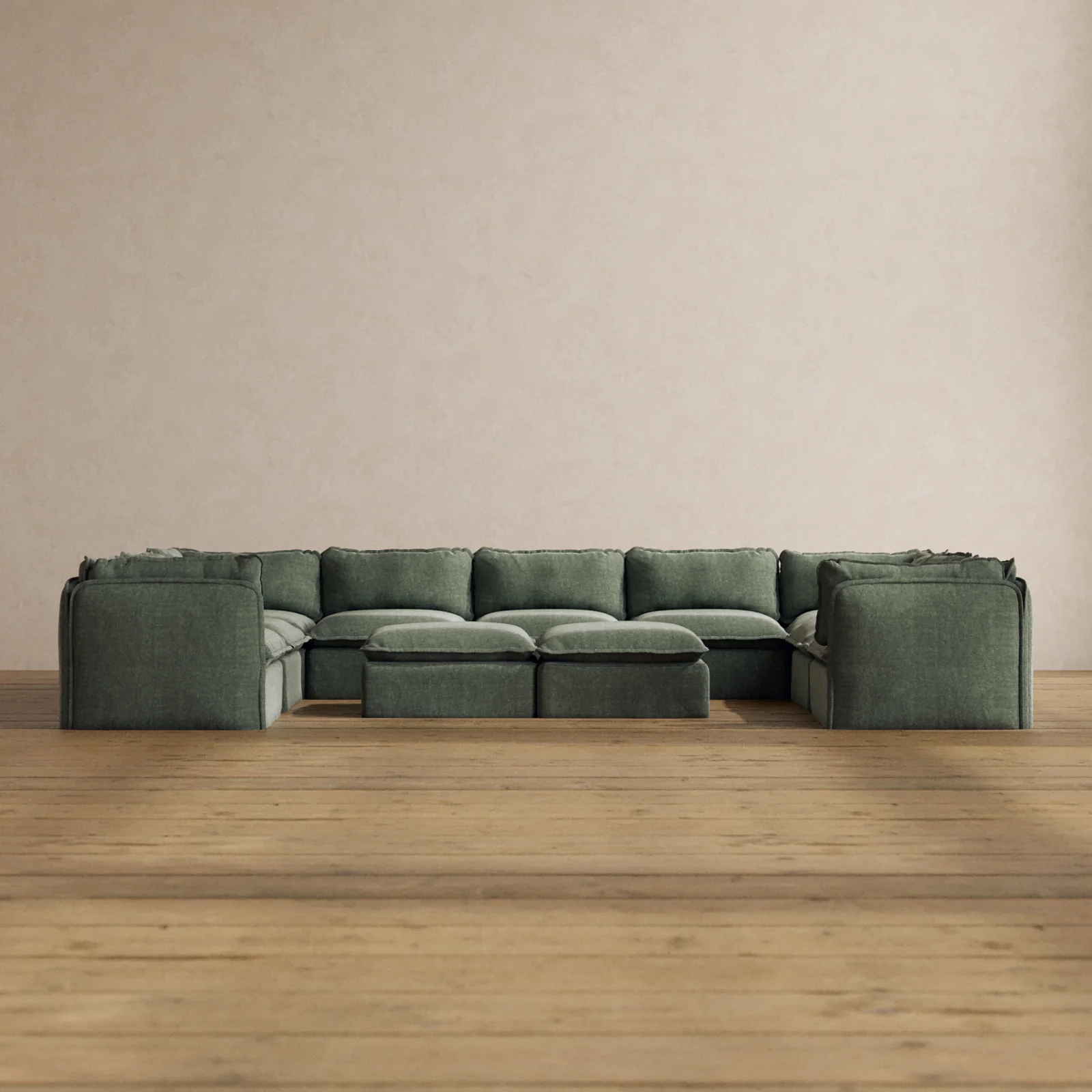 Modular Washable 9-Seater U-Sectional + Bench Ottoman in Willow | Memorix+ Seat | Contour Pillow