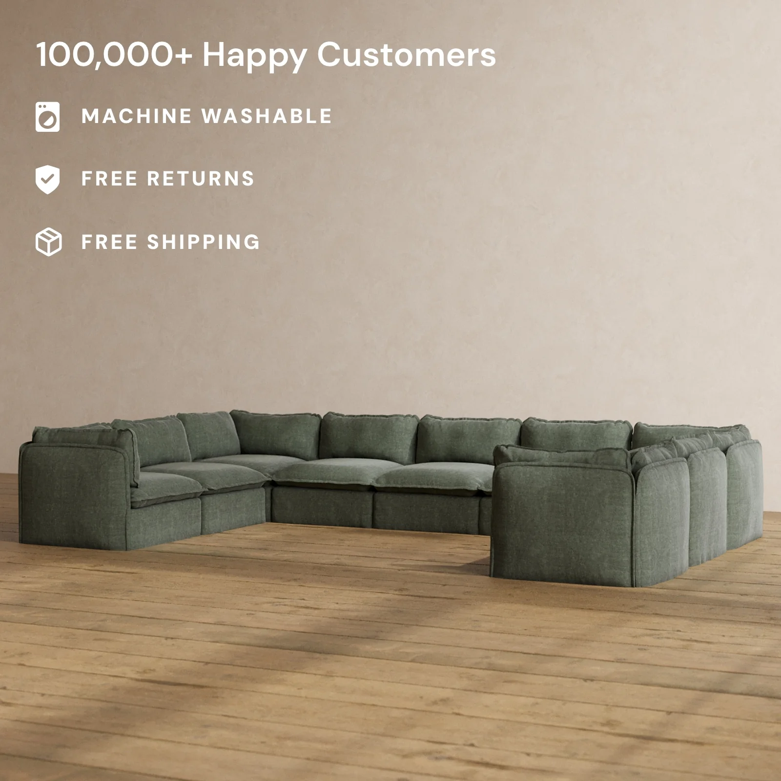 Modular Washable 9-Seater U-Sectional in Willow | Deluxe+ Seat | Cloud Pillow - Image 2