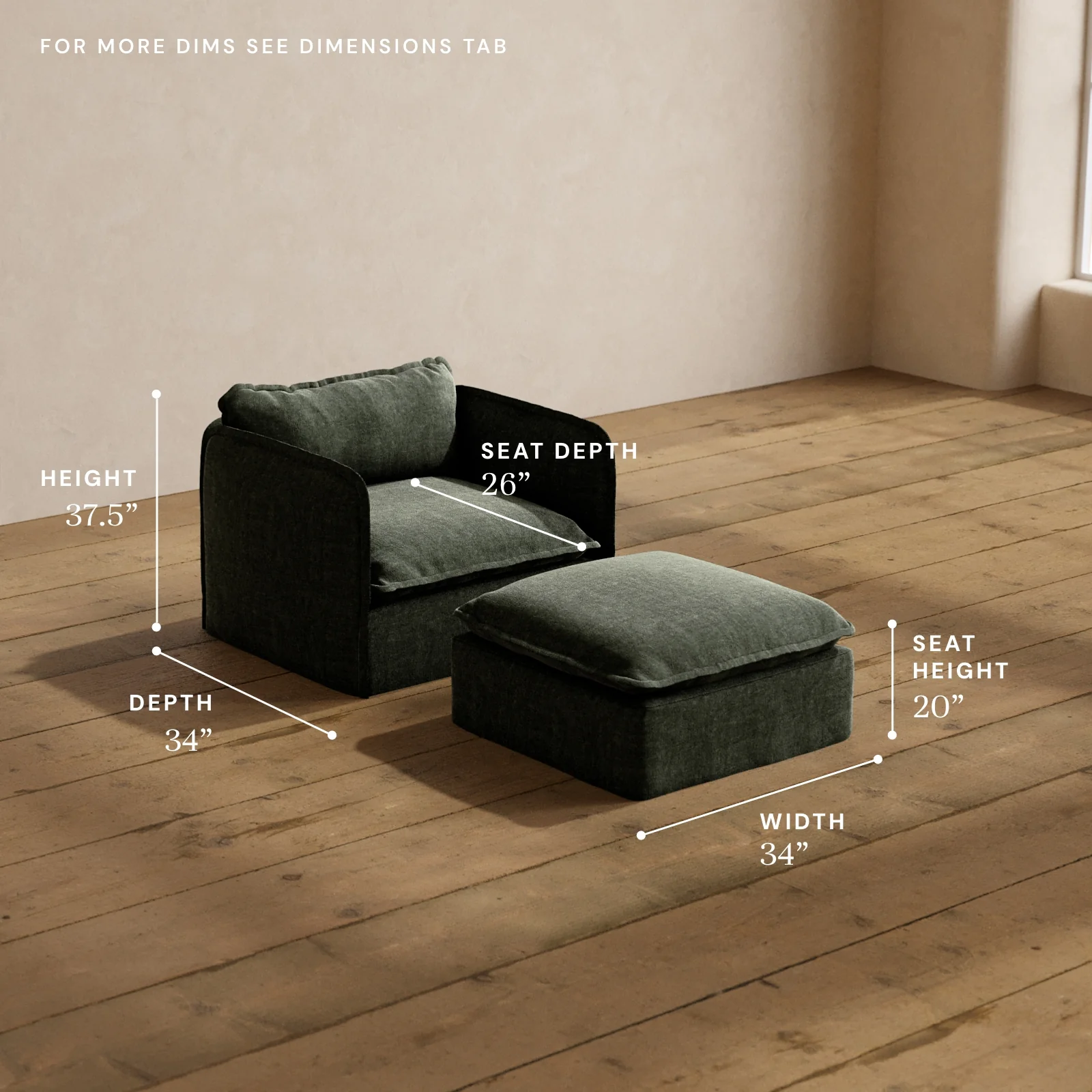Modular Washable Armchair + Ottoman in Willow | Deluxe+ Seat | Cloud Pillow - Image 5