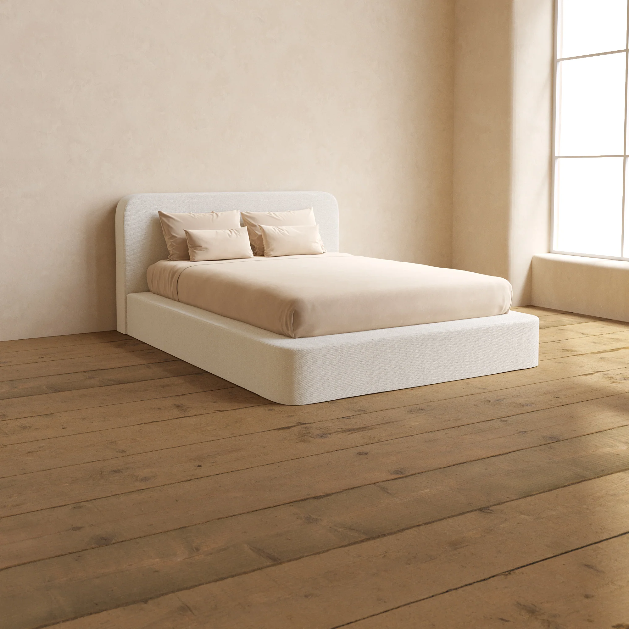 Queen Upholstered Platform Bed + Headboard | Knit Velvet in Powder