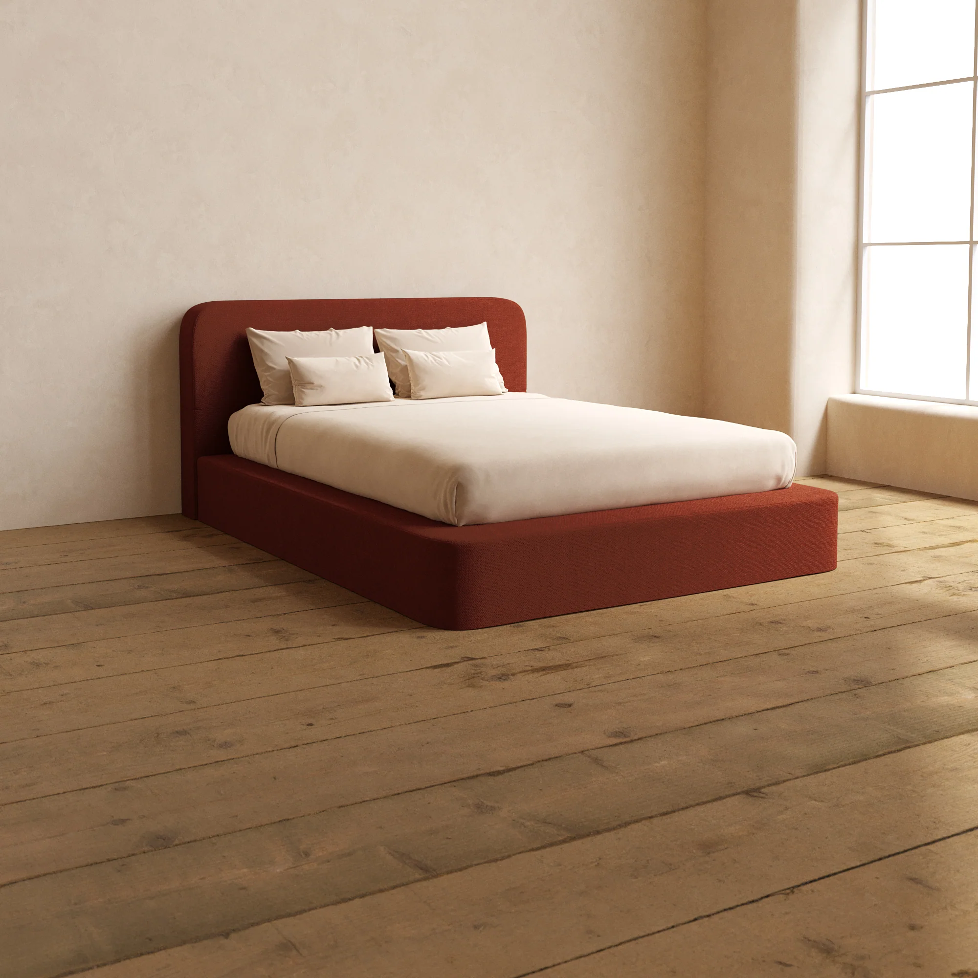 Queen Upholstered Platform Bed + Headboard | Knit Velvet in Rust