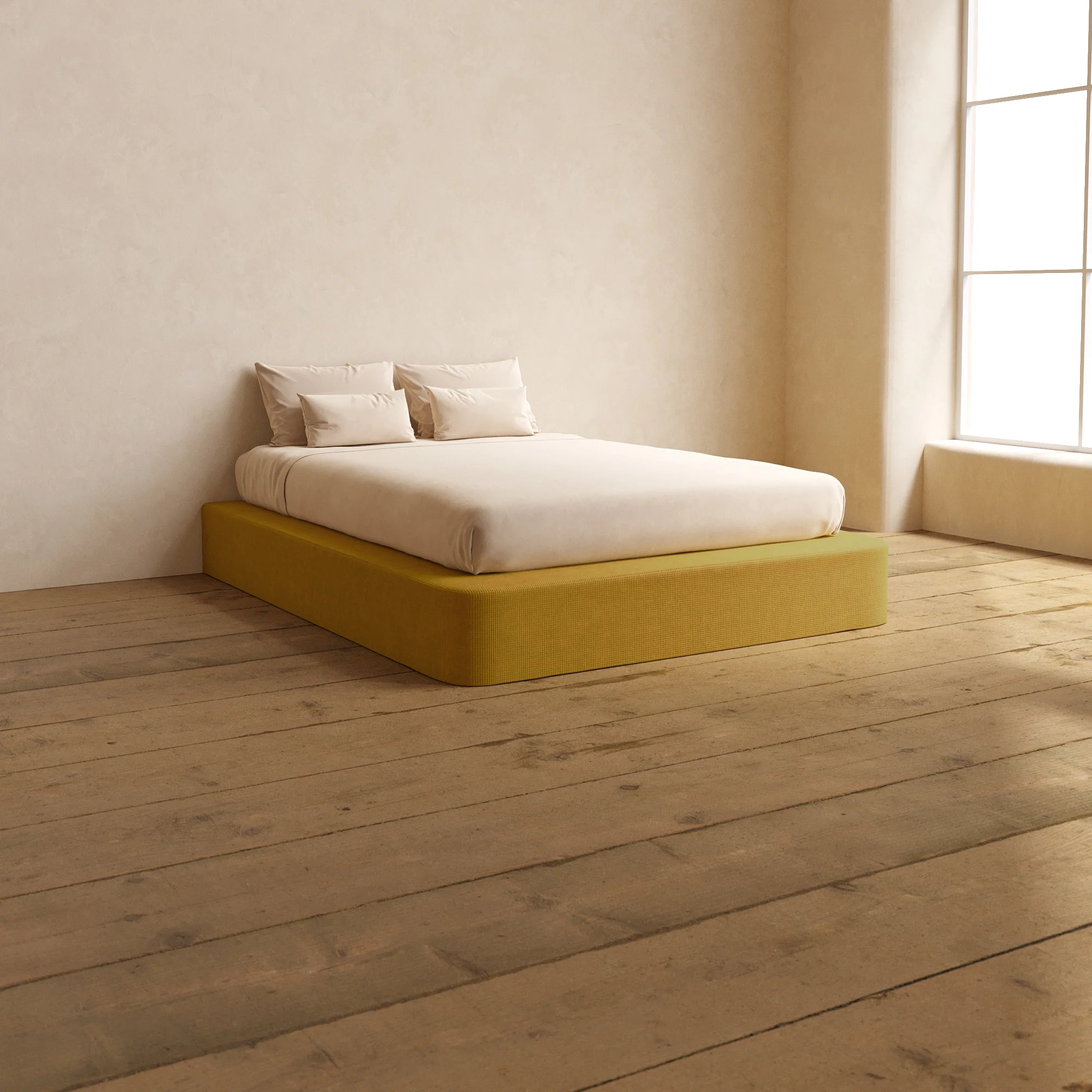 Queen Upholstered Platform Bed | Mizu Weave in Kiiro