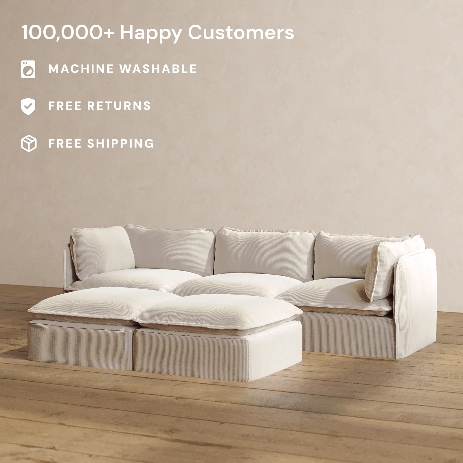 Slipcover Only - Modular Washable 3-Seater + Bench Ottoman in Milk - Image 2