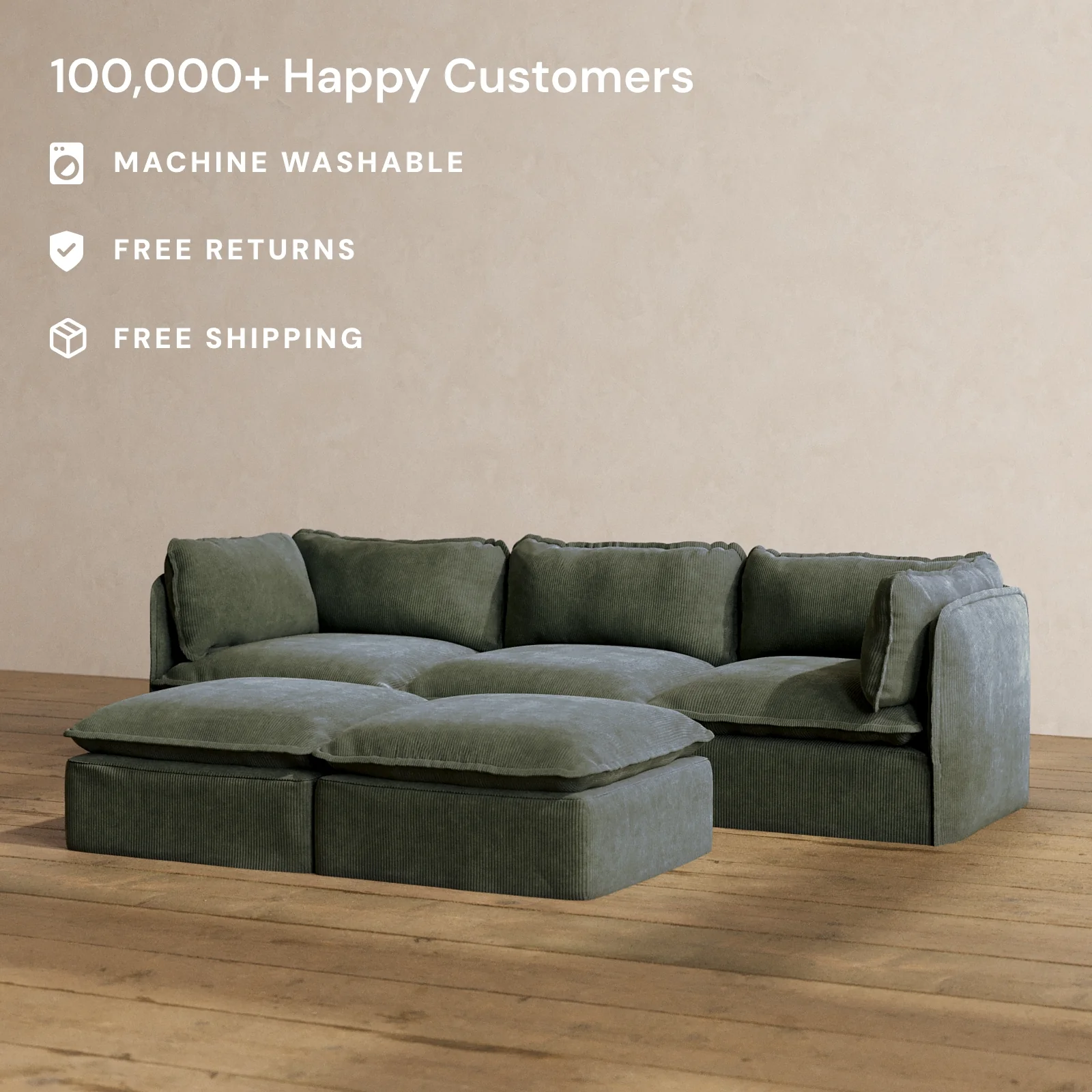 Slipcover Only - Modular Washable 3-Seater + Bench Ottoman in Olivine - Image 2