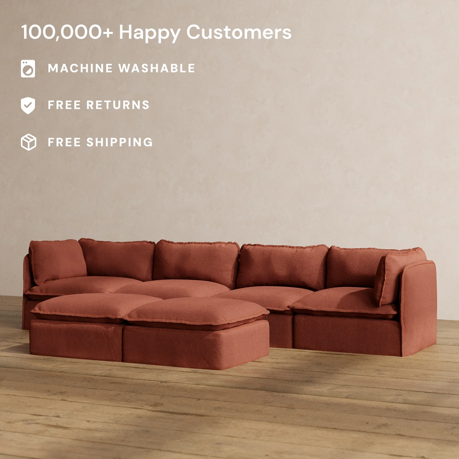 Slipcover Only - Modular Washable 4-Seater + Bench Ottoman in Rust - Image 2