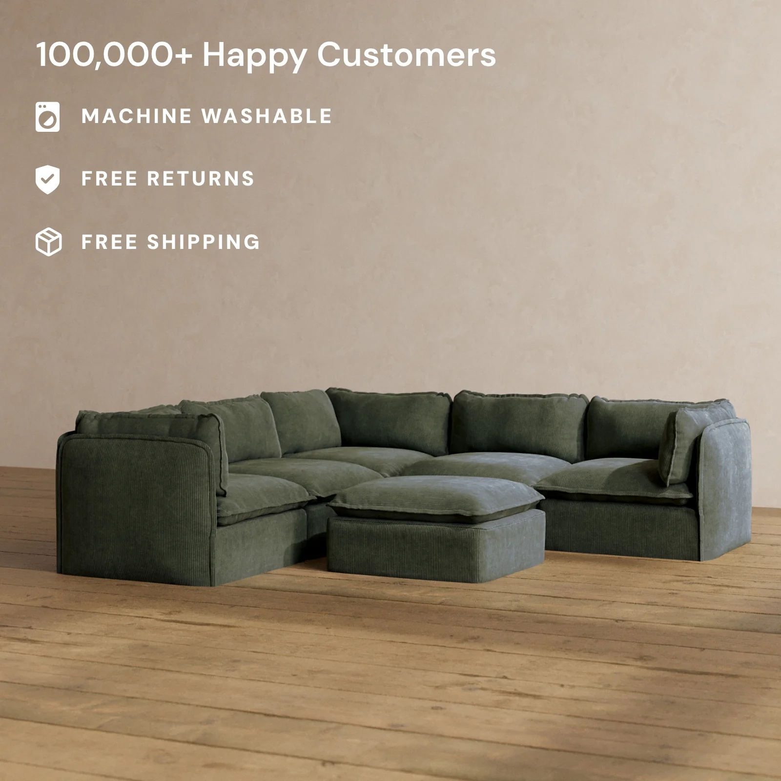 Slipcover Only - Modular Washable 4-Seater Corner Sectional + Ottoman in Olivine - Image 2