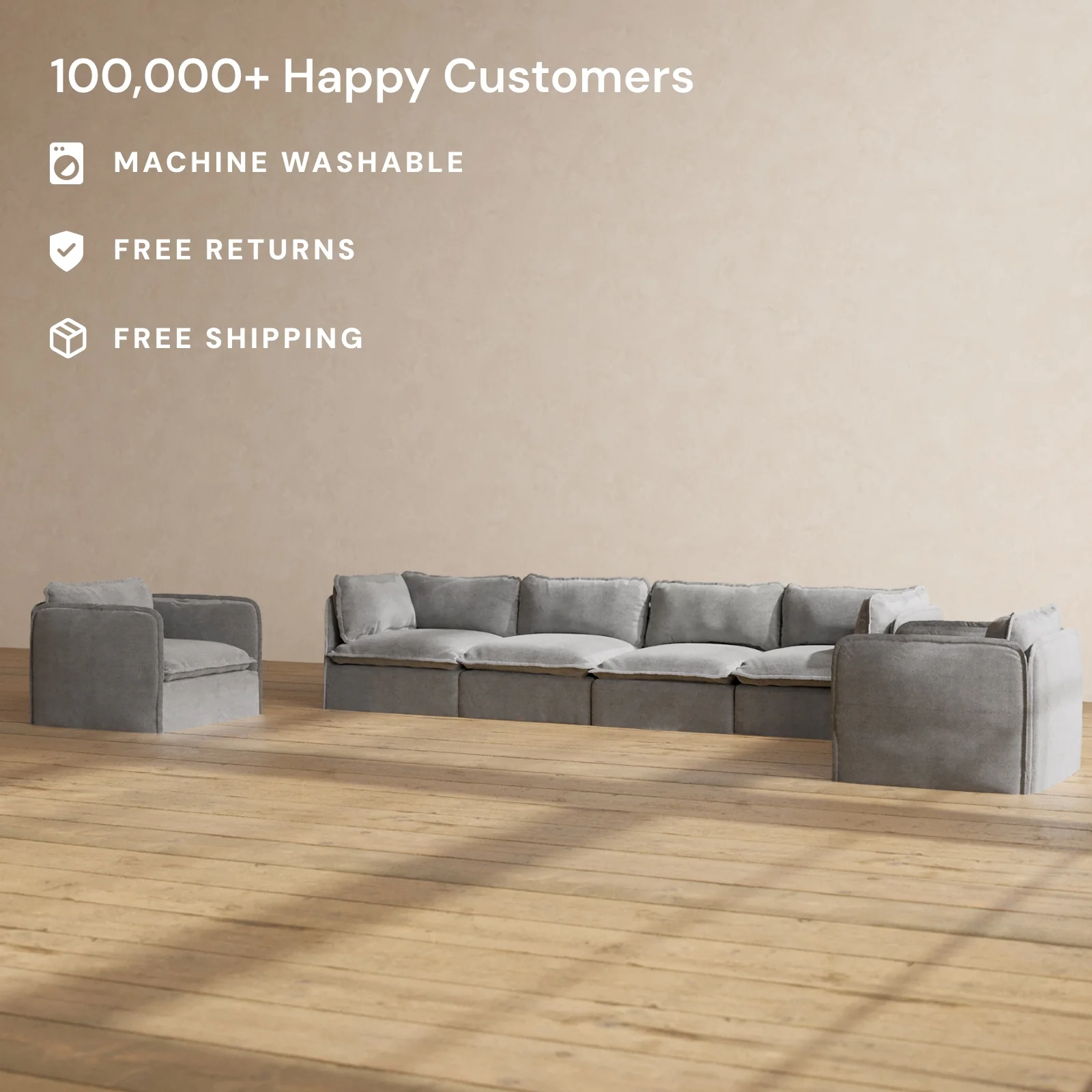 Slipcover Only - Modular Washable 4-Seater Sofa + Armchair Set in Ash - Image 2