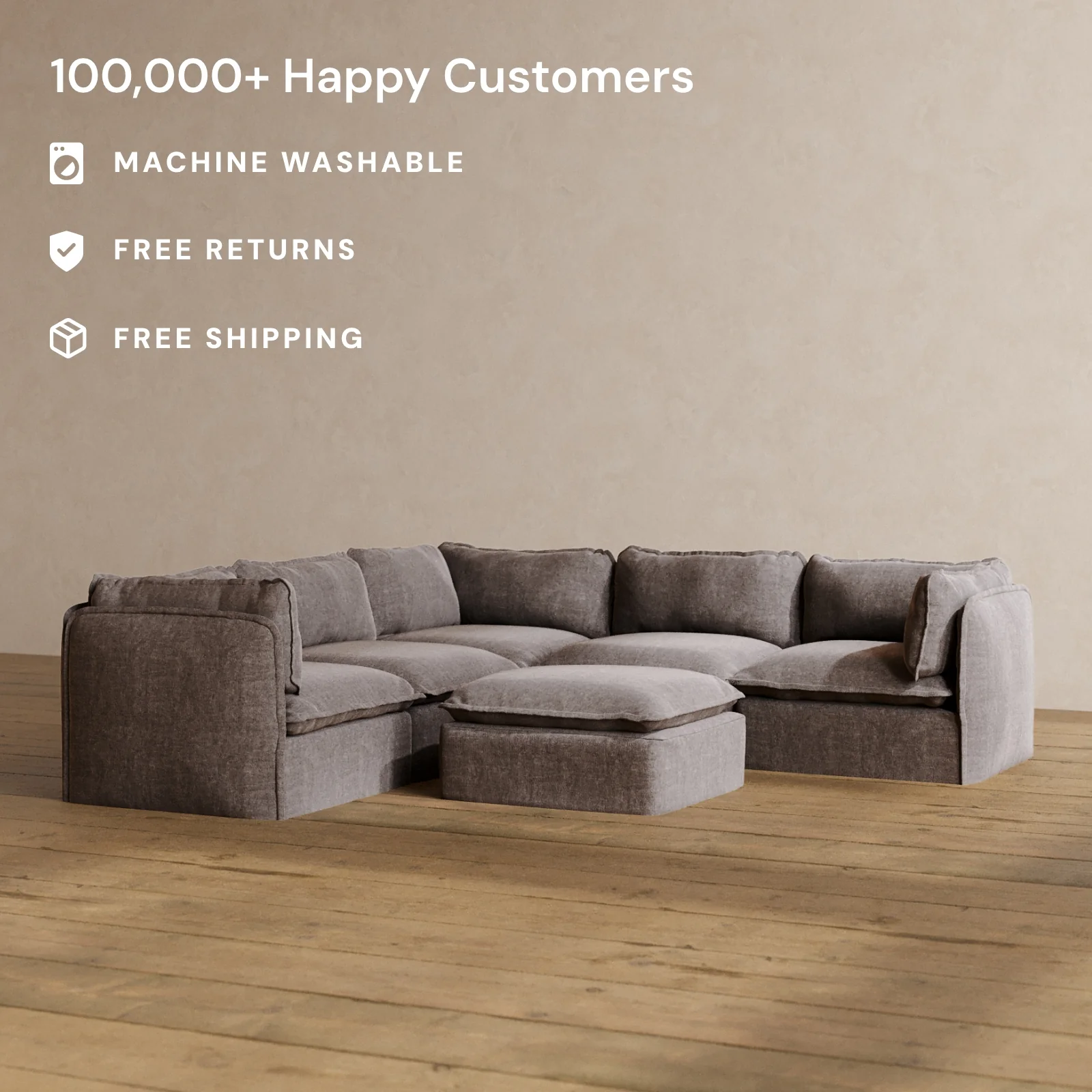 Slipcover Only - Modular Washable 5-Seater Corner Sectional + Ottoman in Caviar - Image 2