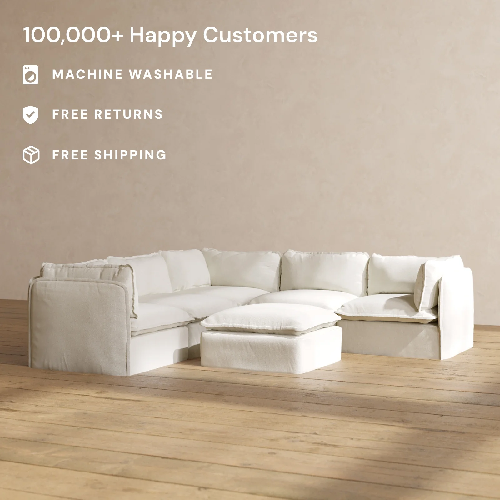 Slipcover Only - Modular Washable 5-Seater Corner Sectional + Ottoman in Eggshell - Image 2