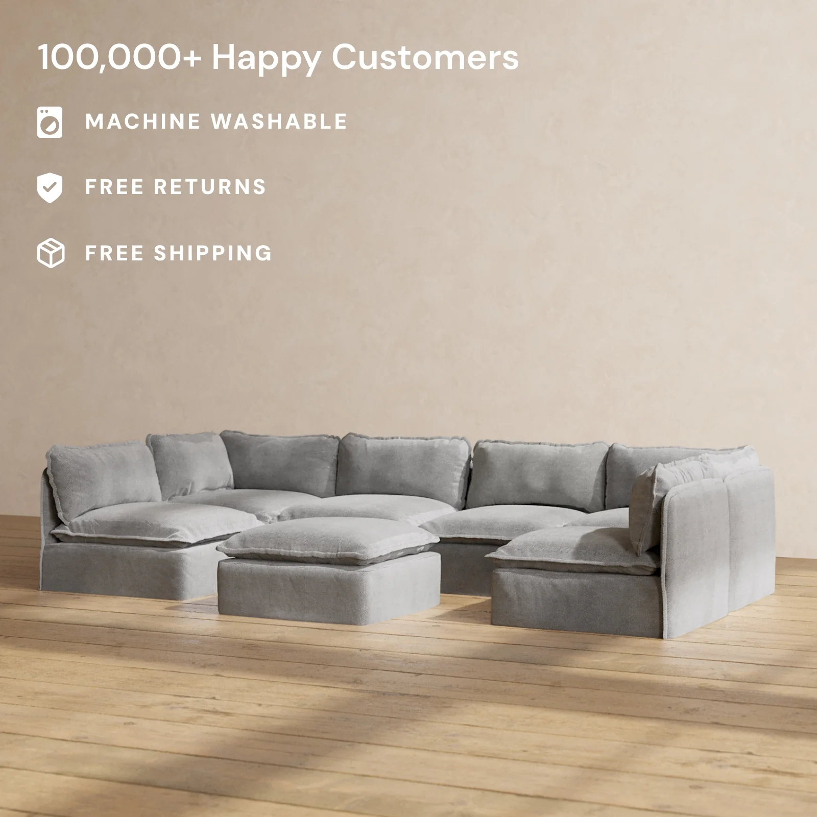 Slipcover Only - Modular Washable 6-Seater Open-Ends U-Sectional + Ottoman in Ash - Image 2
