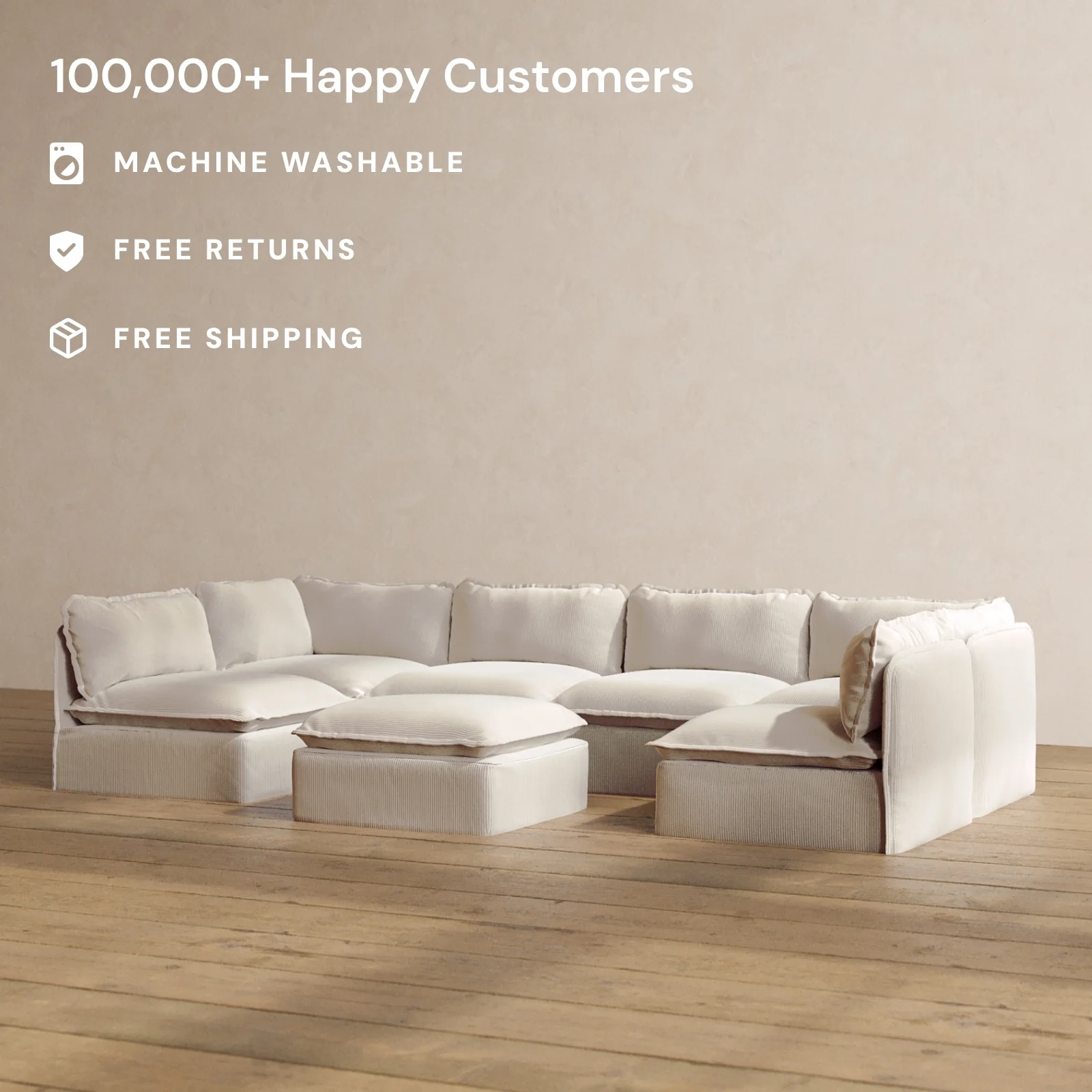 Slipcover Only - Modular Washable 6-Seater Open-Ends U-Sectional + Ottoman in Milk - Image 2