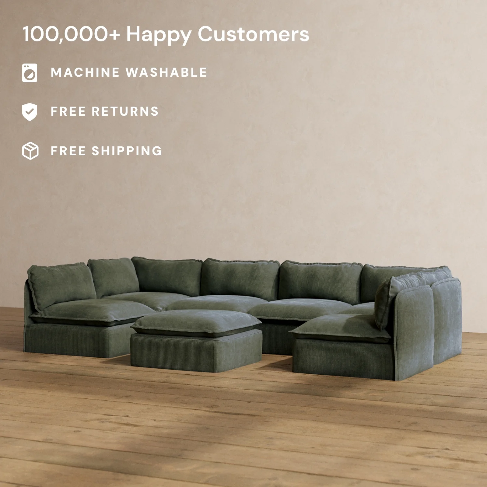 Slipcover Only - Modular Washable 6-Seater Open-Ends U-Sectional + Ottoman in Olivine - Image 2