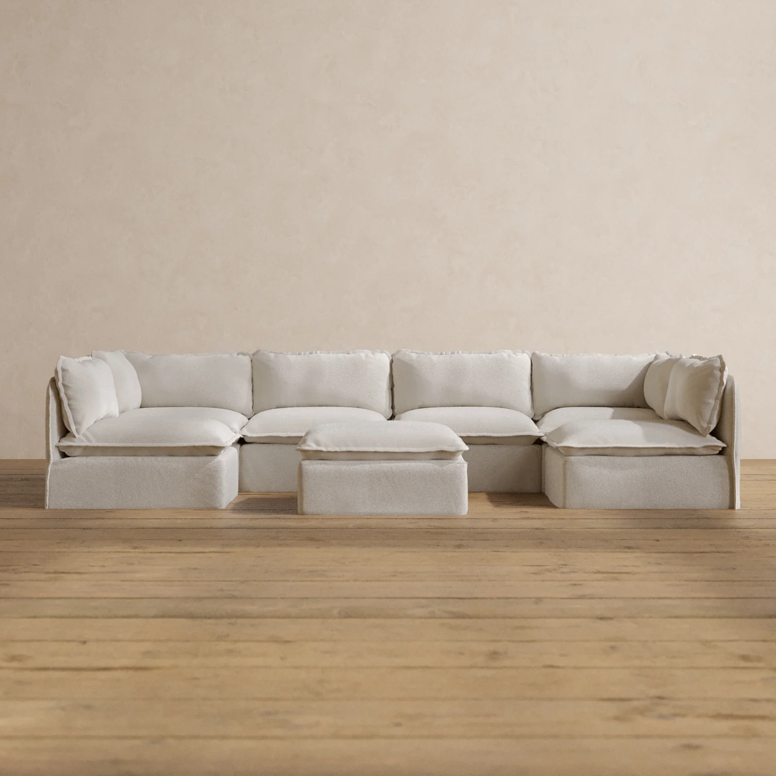 Slipcover Only - Modular Washable 6-Seater Open-Ends U-Sectional + Ottoman in Powder