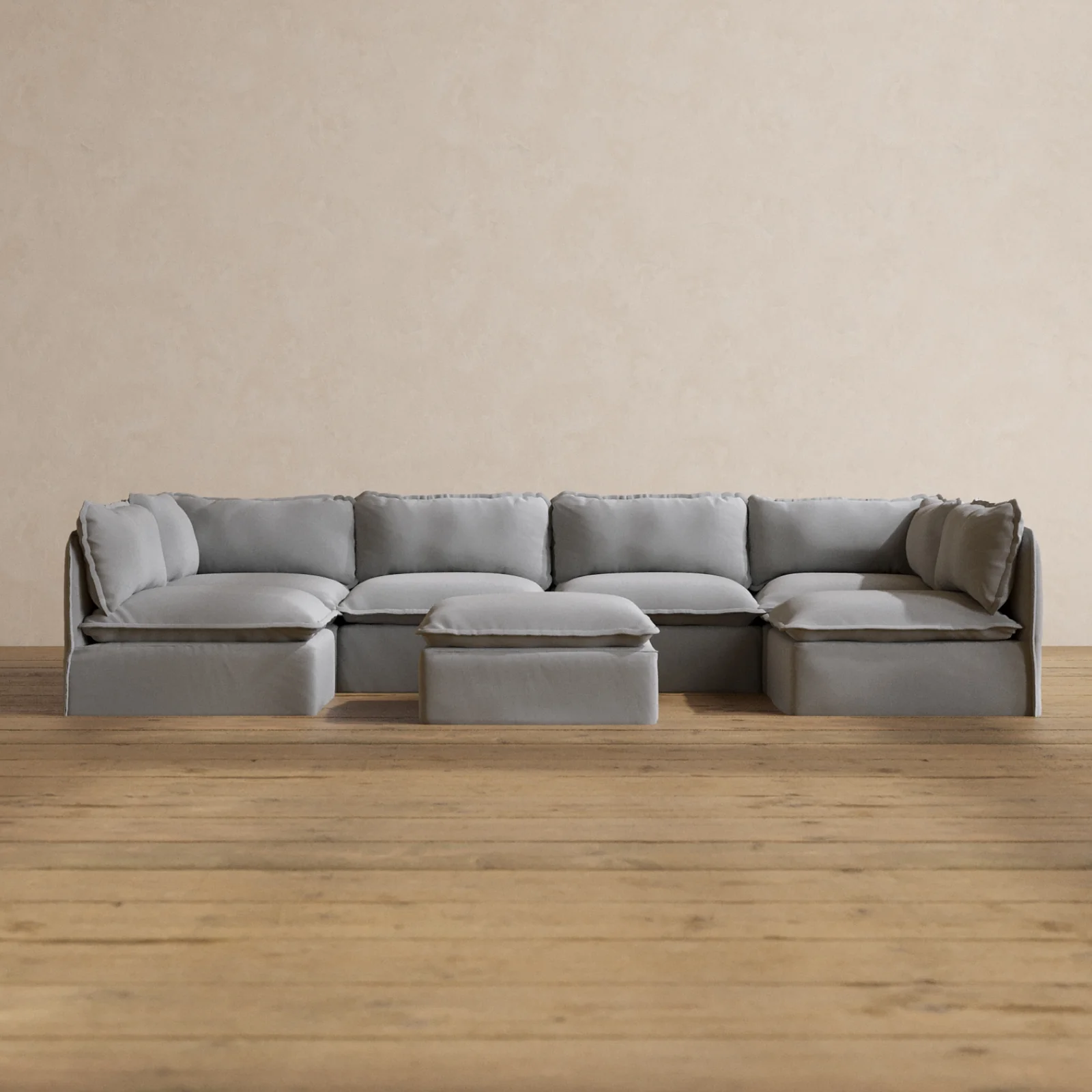 Slipcover Only - Modular Washable 6-Seater Open-Ends U-Sectional + Ottoman in Pumice