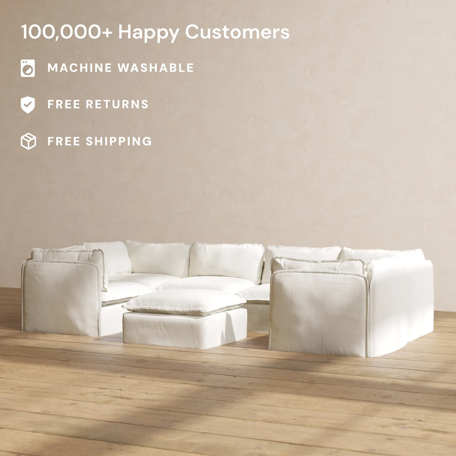 Slipcover Only - Modular Washable 6-Seater U-Sectional + Ottoman in Eggshell - Image 2