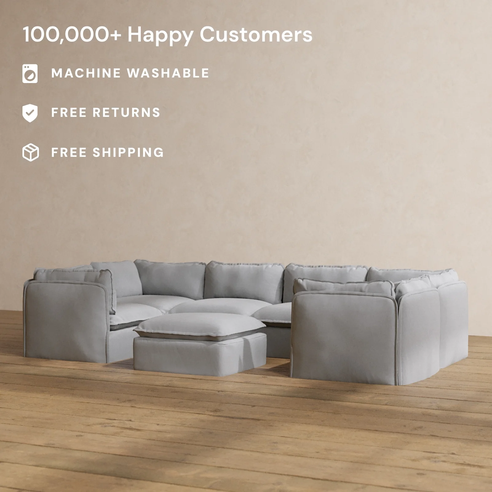 Slipcover Only - Modular Washable 6-Seater U-Sectional + Ottoman in Pumice - Image 2