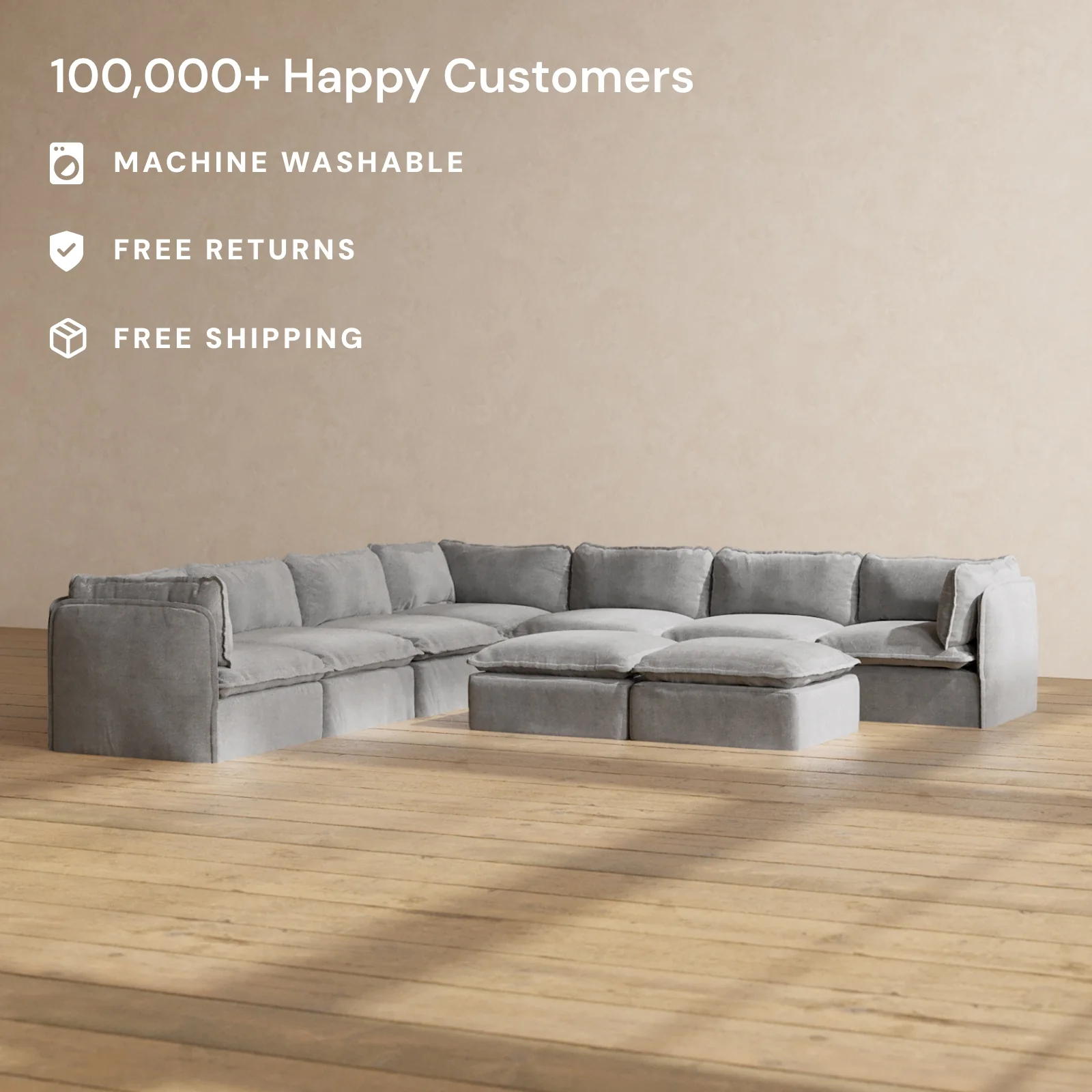 Slipcover Only - Modular Washable 7-Seater Corner Sectional + Bench Ottoman in Ash - Image 2