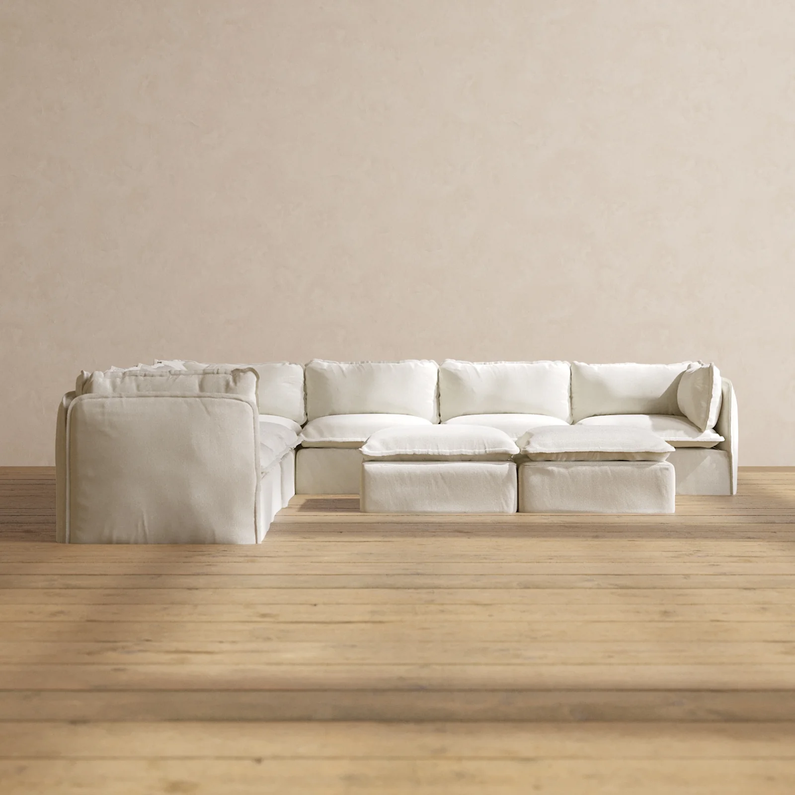 Slipcover Only - Modular Washable 7-Seater Corner Sectional + Bench Ottoman in Eggshell
