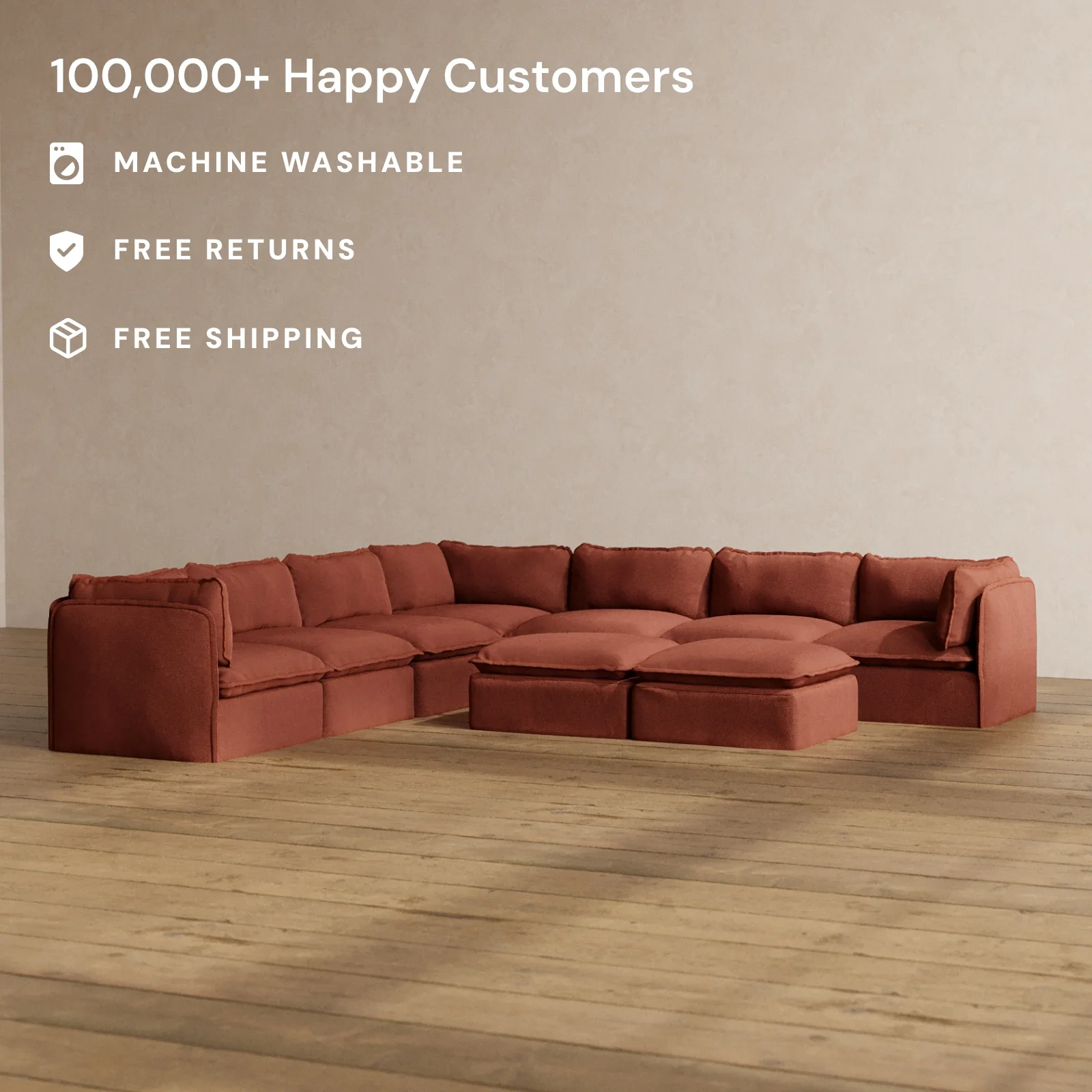 Slipcover Only - Modular Washable 7-Seater Corner Sectional + Bench Ottoman in Rust - Image 2