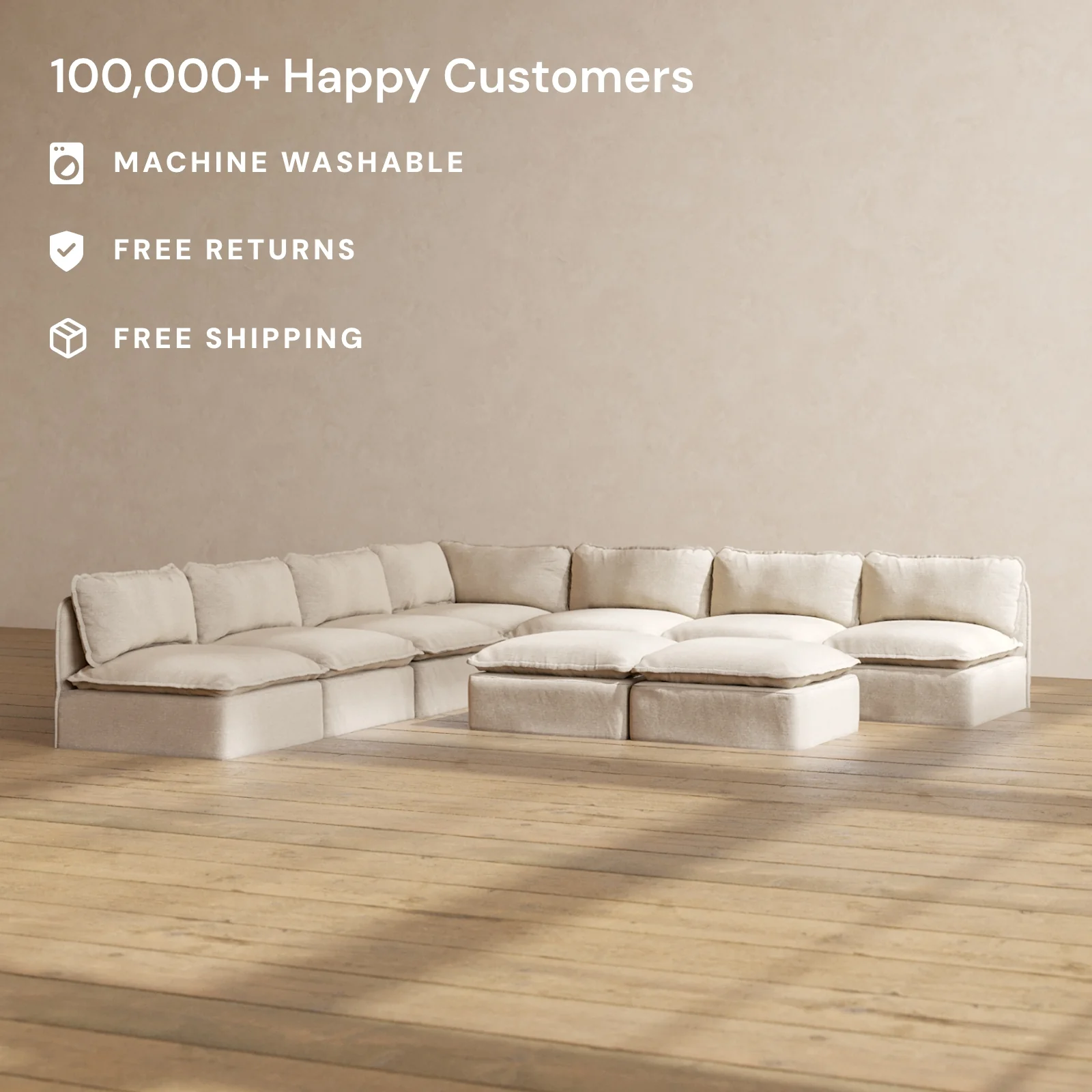 Slipcover Only - Modular Washable 7-Seater Open-Ends Corner Sectional + Bench Ottoman in Oat - Image 2