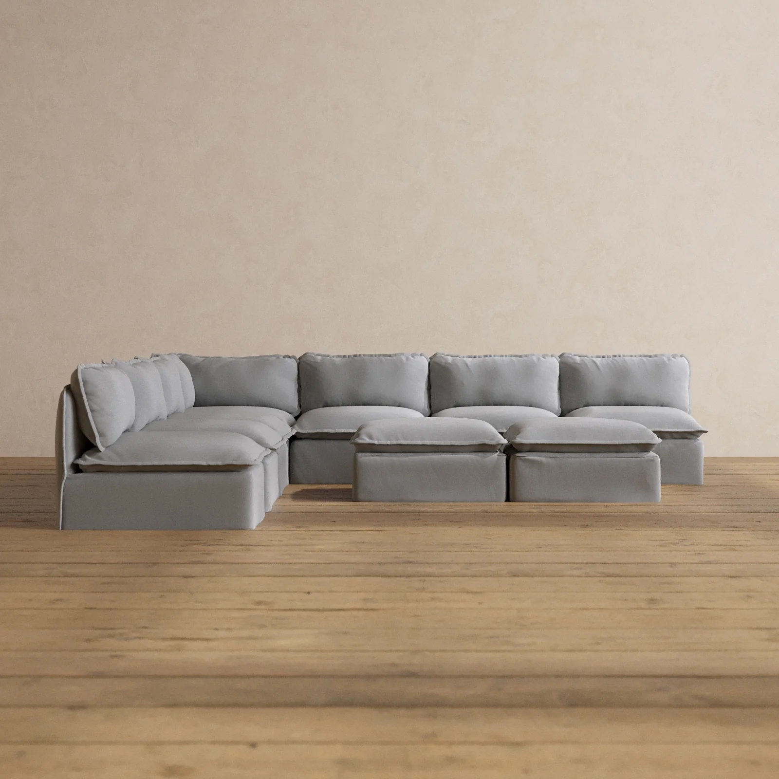Slipcover Only - Modular Washable 7-Seater Open-Ends Corner Sectional + Bench Ottoman in Pumice