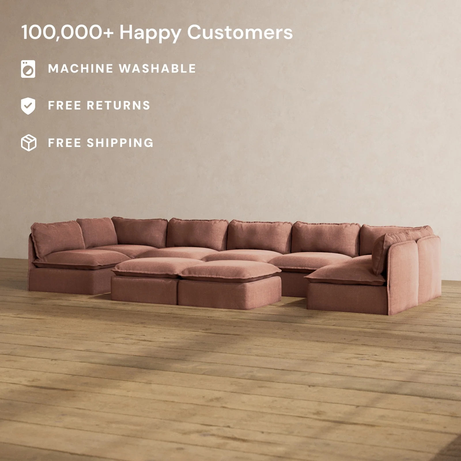 Slipcover Only - Modular Washable 7-Seater Open-Ends U-Sectional + Bench Ottoman in Chestnut - Image 2