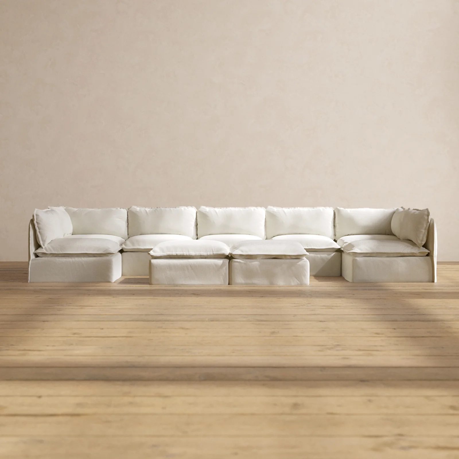 Slipcover Only - Modular Washable 7-Seater Open-Ends U-Sectional + Bench Ottoman in Eggshell