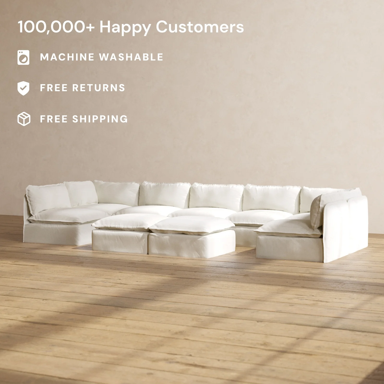 Slipcover Only - Modular Washable 7-Seater Open-Ends U-Sectional + Bench Ottoman in Eggshell - Image 2