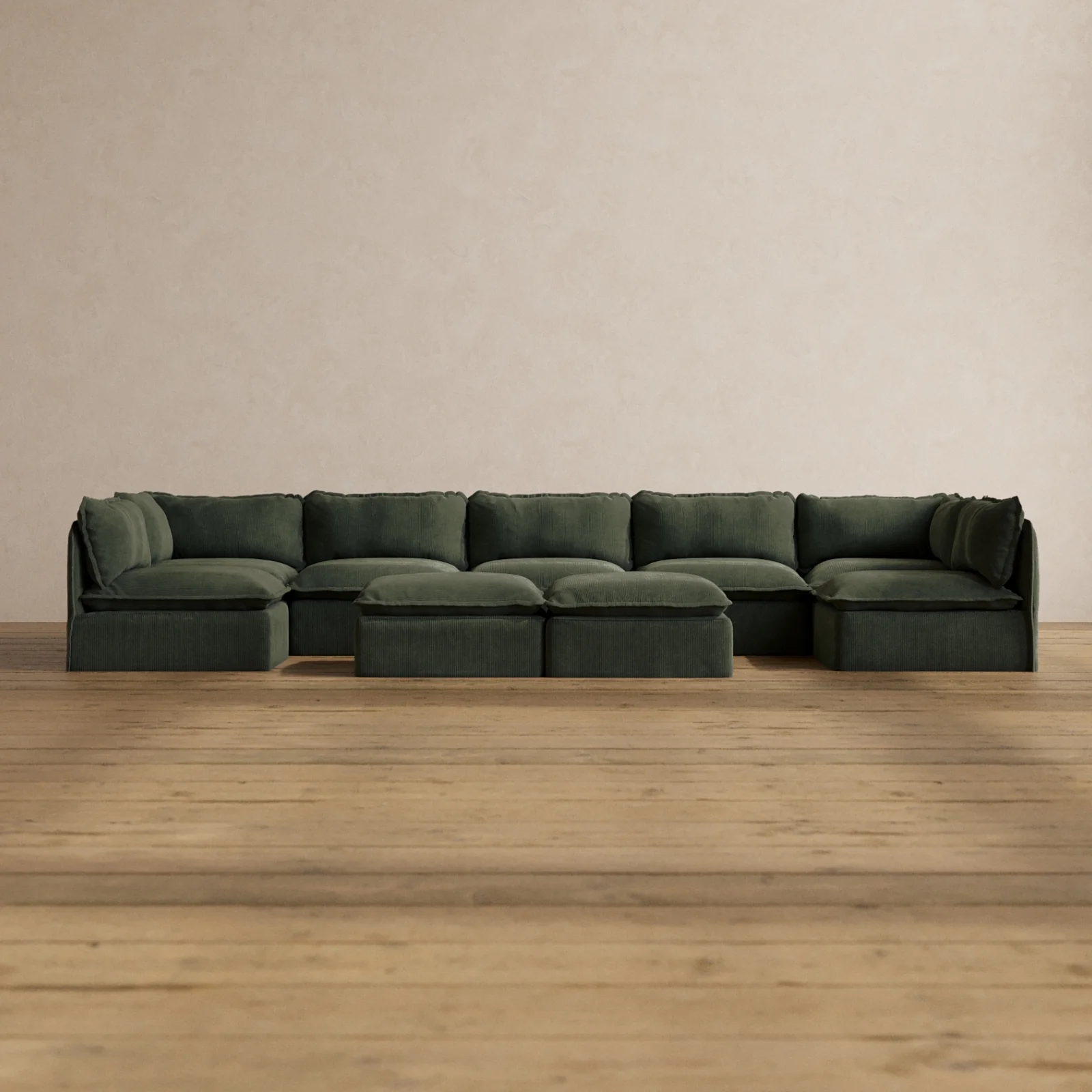 Slipcover Only - Modular Washable 7-Seater Open-Ends U-Sectional + Bench Ottoman in Olivine