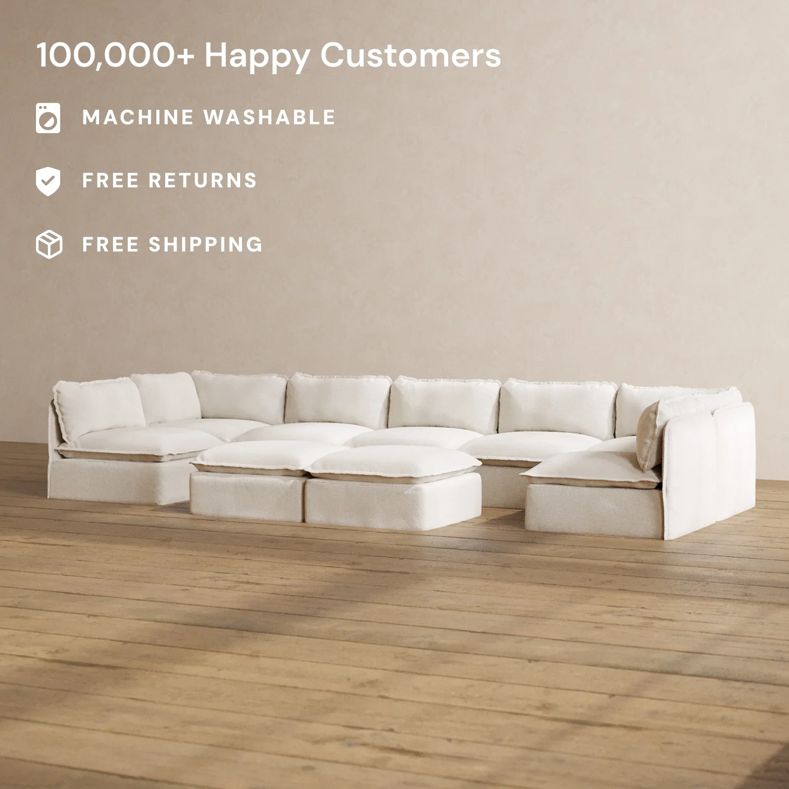 Slipcover Only - Modular Washable 7-Seater Open-Ends U-Sectional + Bench Ottoman in Powder - Image 2