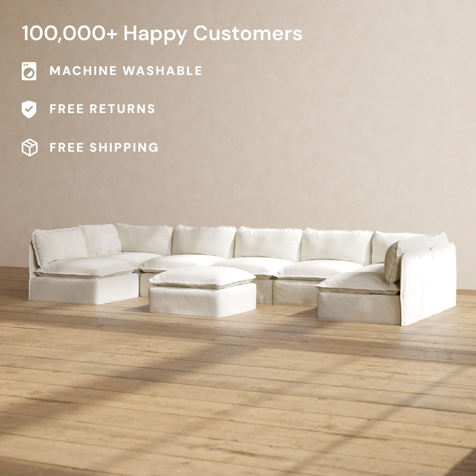 Slipcover Only - Modular Washable 7-Seater Open-Ends U-Sectional + Ottoman in Eggshell - Image 2