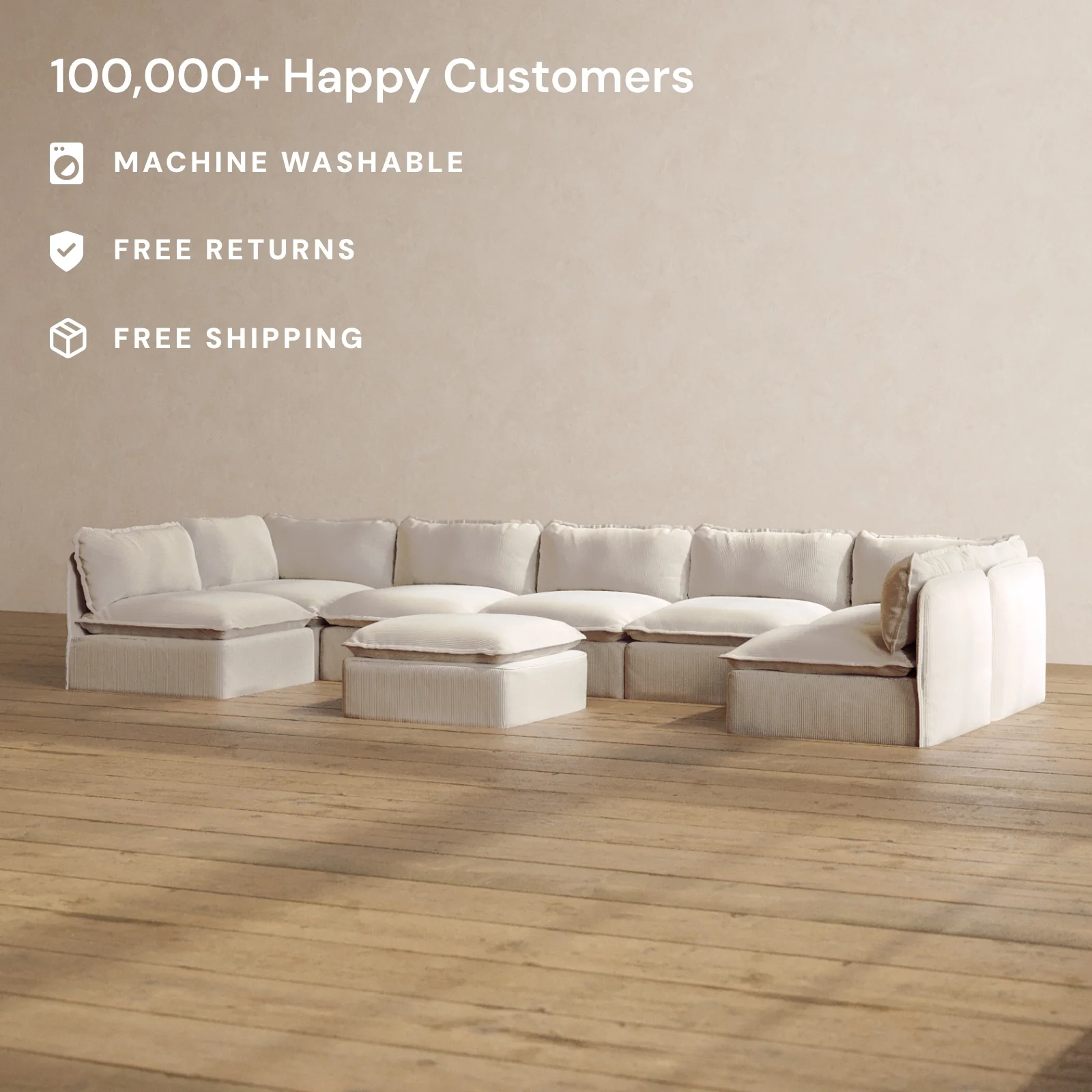 Slipcover Only - Modular Washable 7-Seater Open-Ends U-Sectional + Ottoman in Milk - Image 2