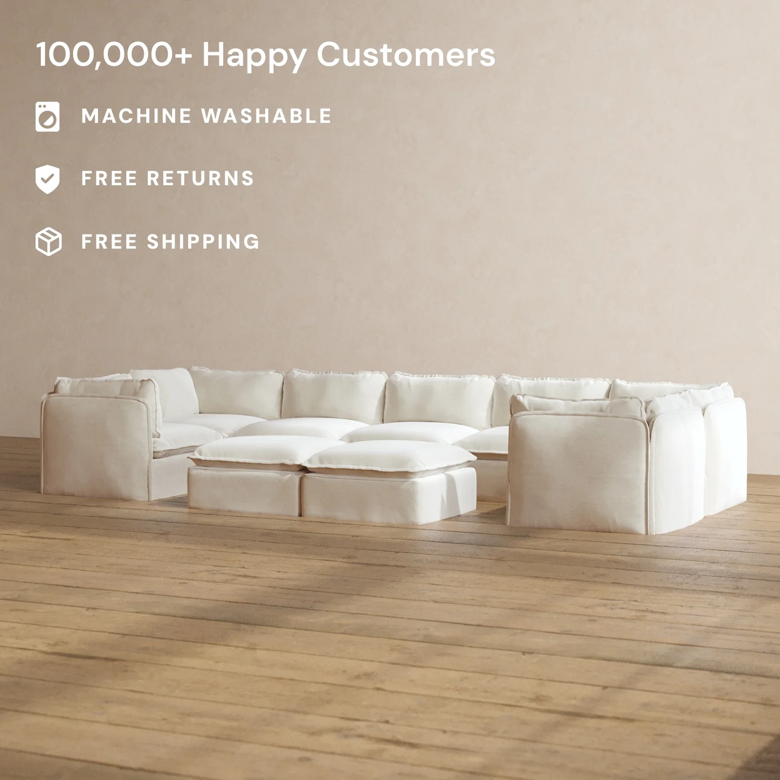 Slipcover Only - Modular Washable 7-Seater U-Sectional + Bench Ottoman in Coco - Image 2