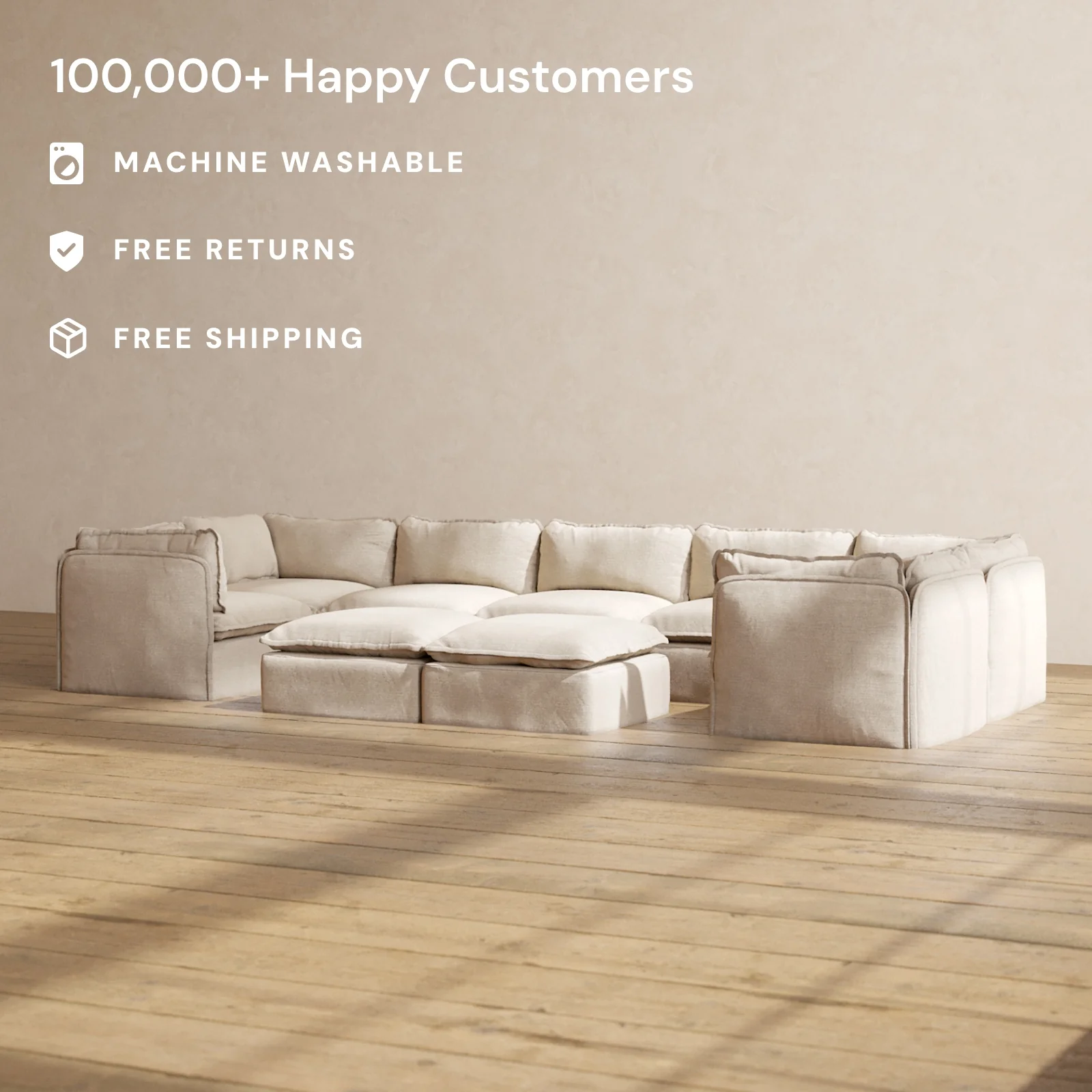 Slipcover Only - Modular Washable 7-Seater U-Sectional + Bench Ottoman in Oat - Image 2