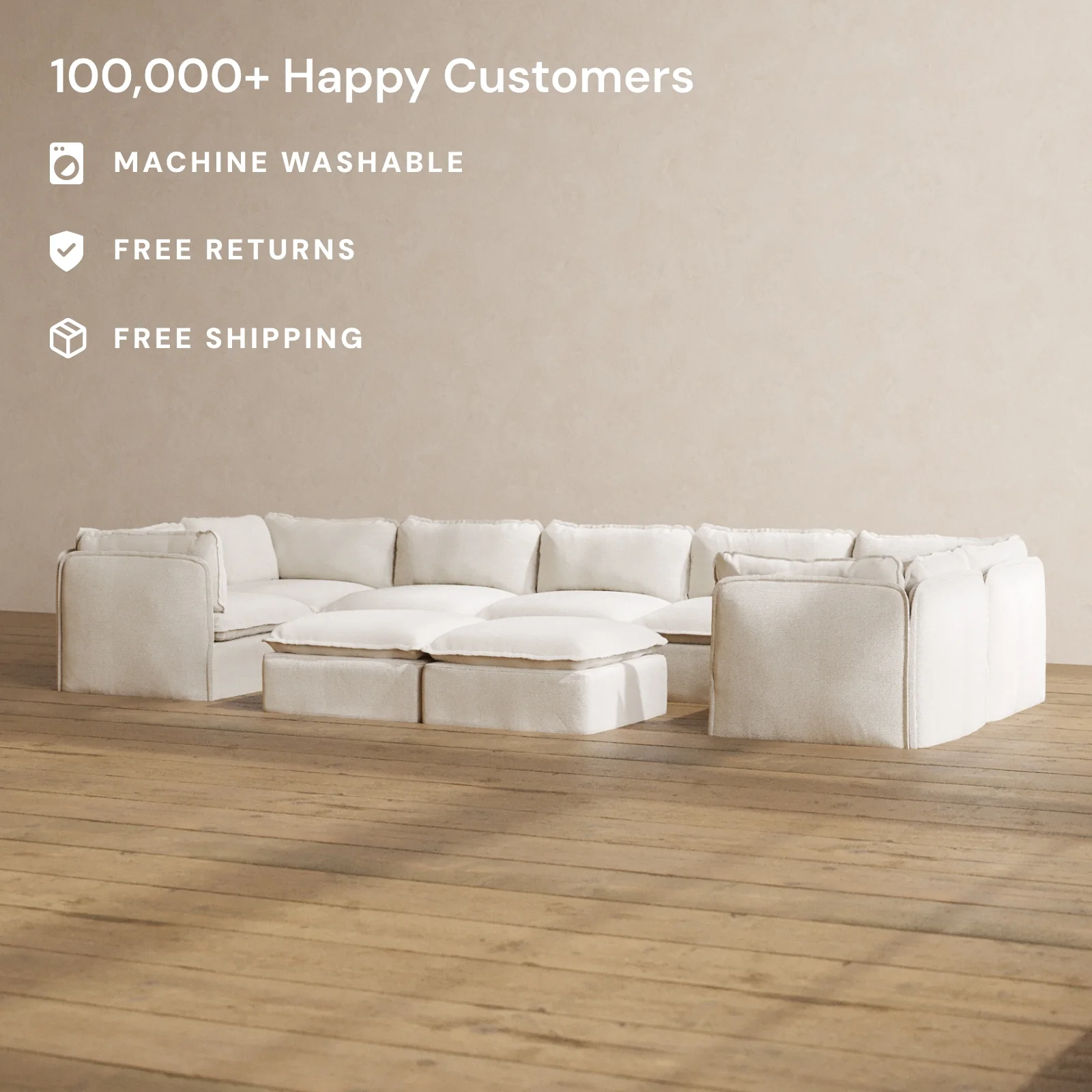 Slipcover Only - Modular Washable 7-Seater U-Sectional + Bench Ottoman in Powder - Image 2