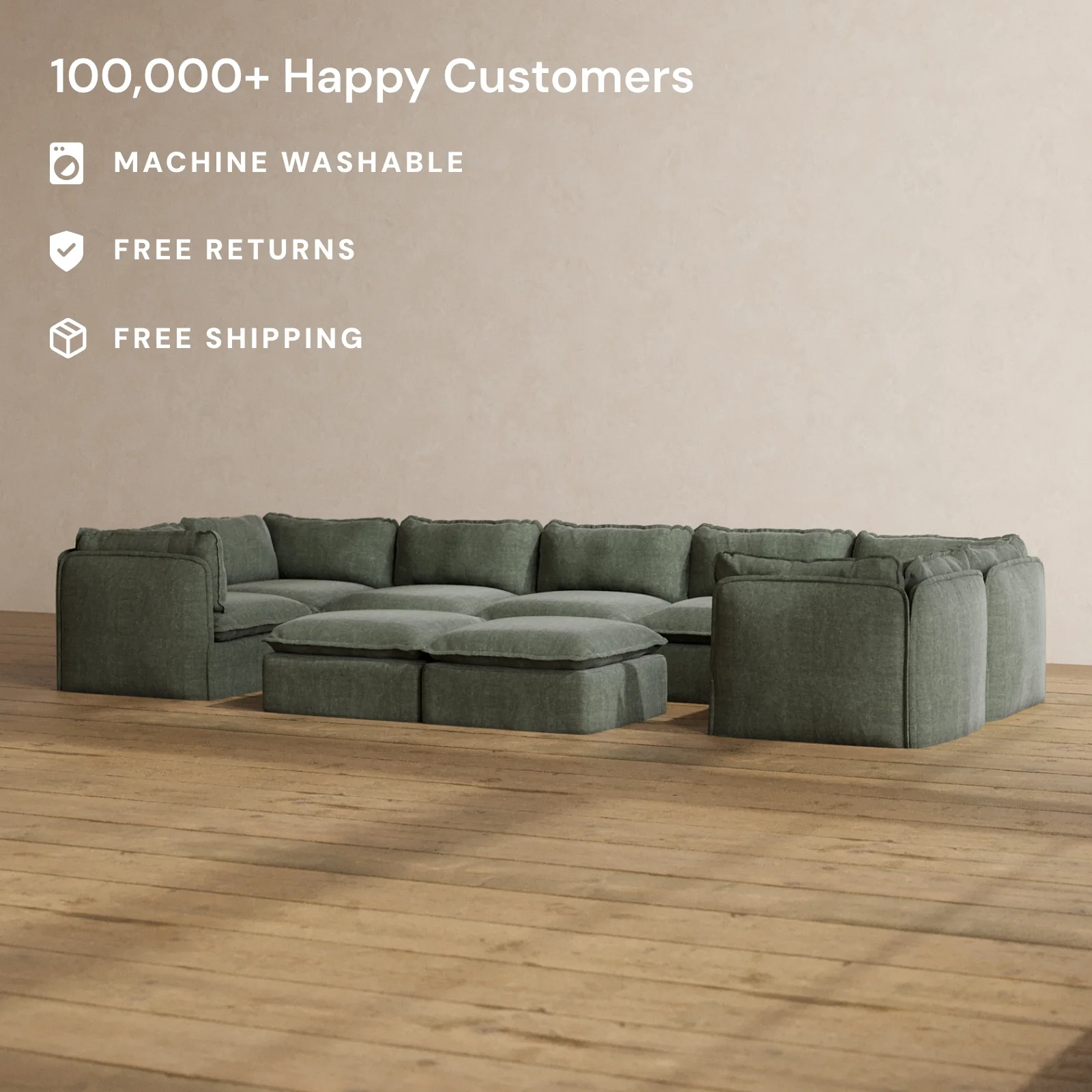 Slipcover Only - Modular Washable 7-Seater U-Sectional + Bench Ottoman in Willow - Image 2